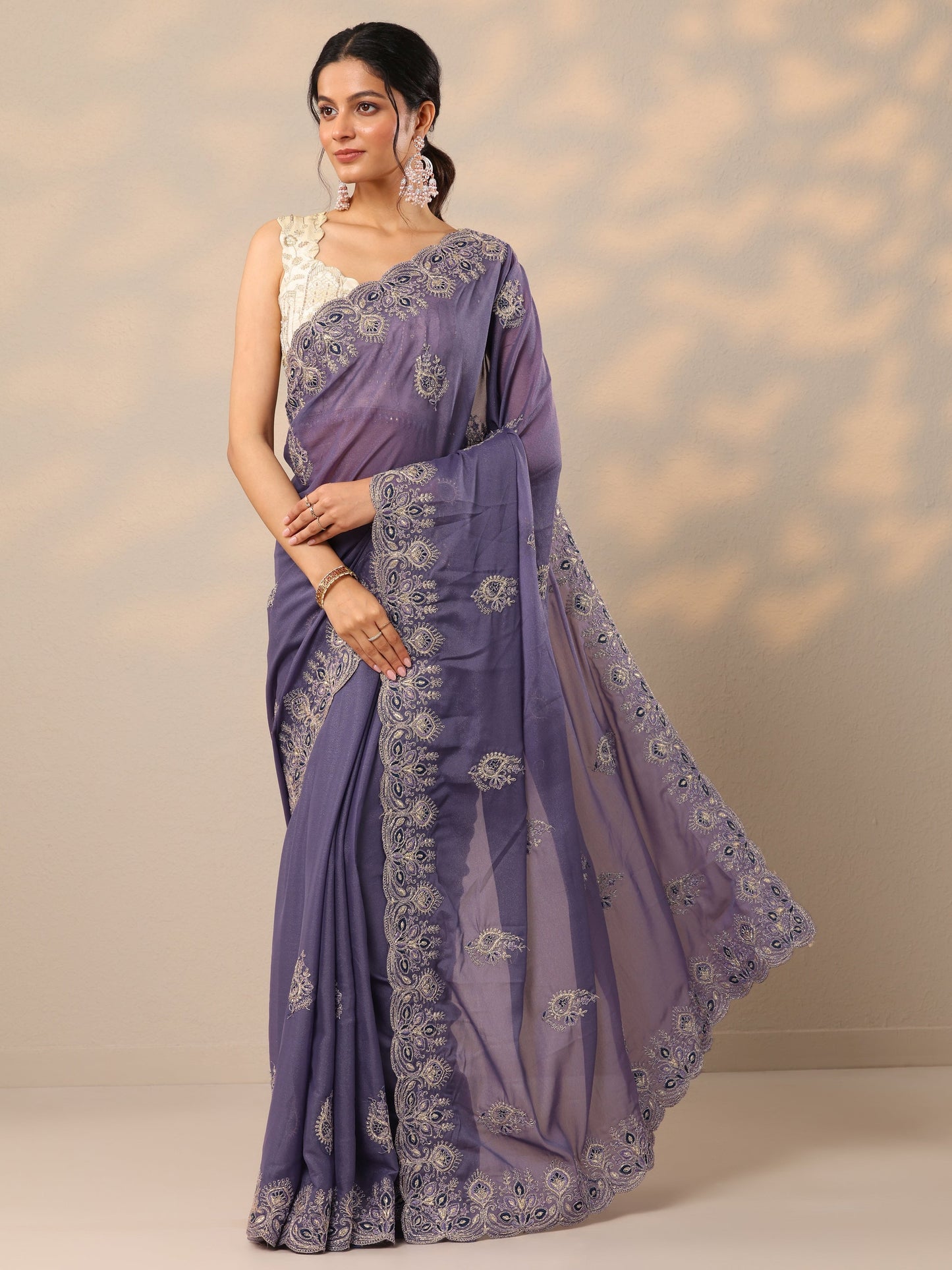 Purple Embroidered Silk Blend Sarees With Unstitched Blouse Piece