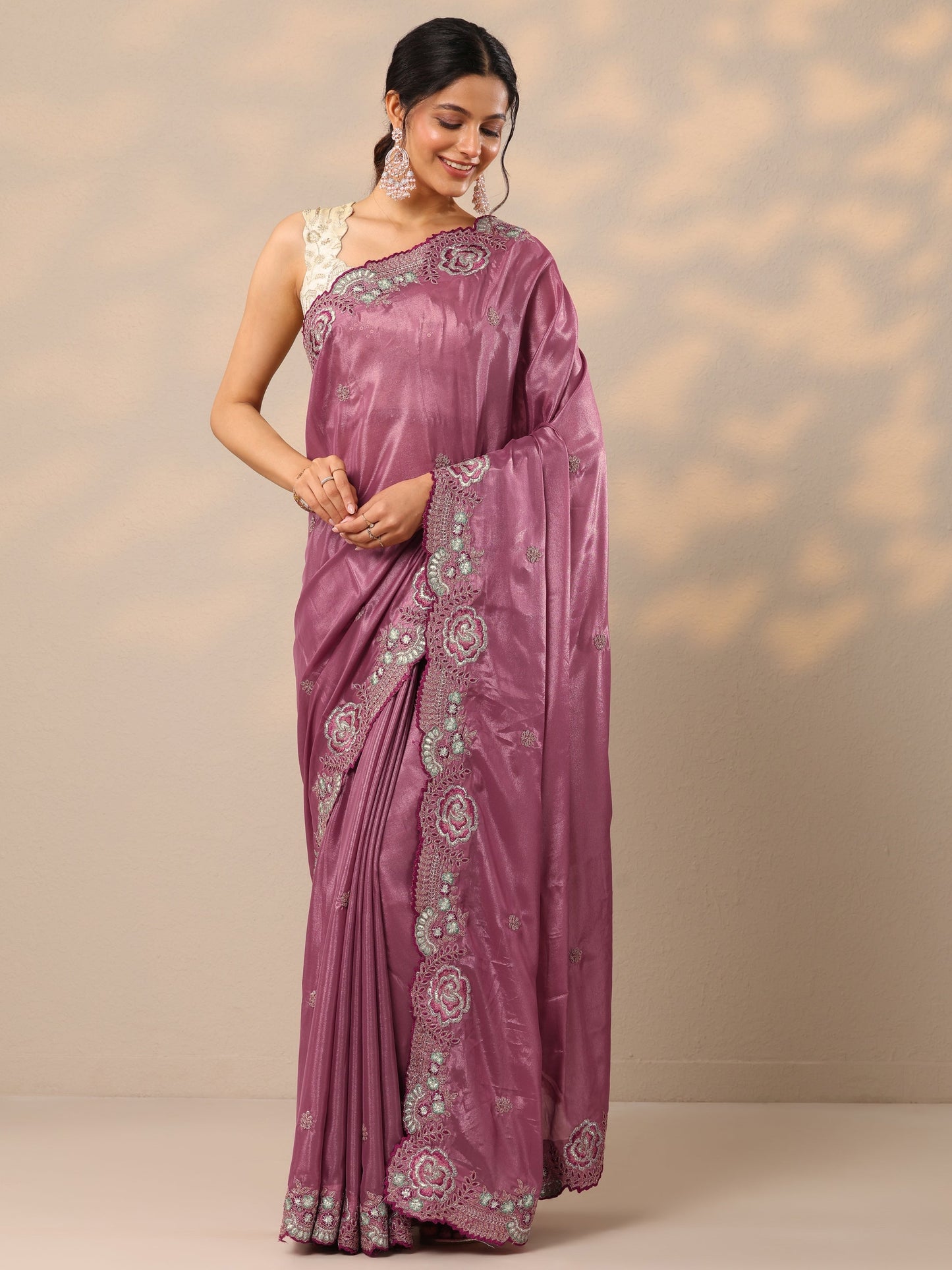 Mauve Embroidered Silk Blend Sarees With Unstitched Blouse Piece