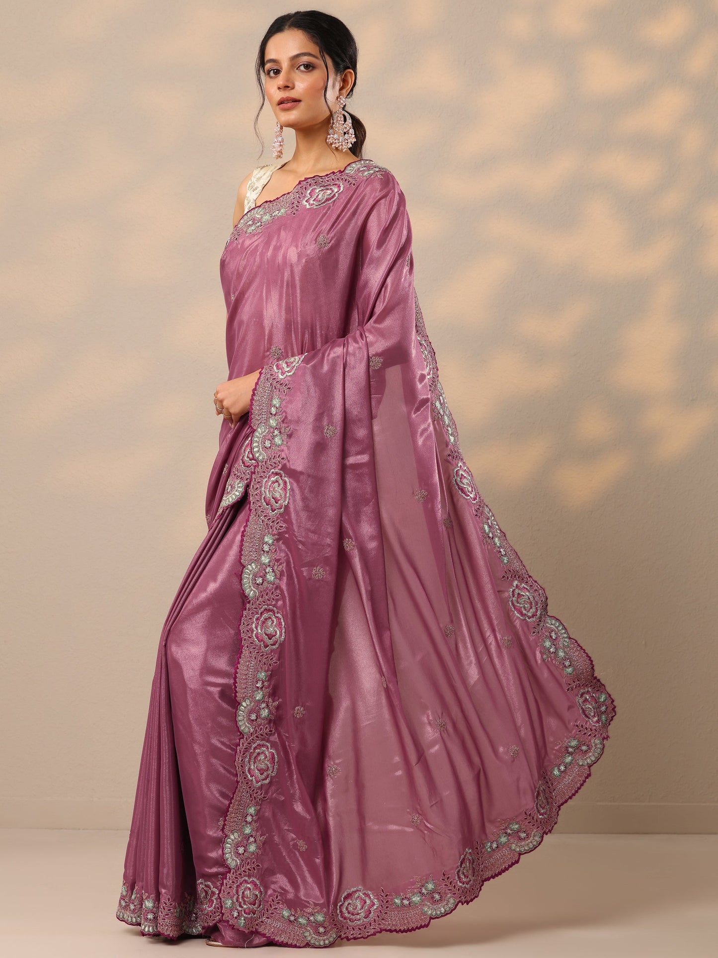 Mauve Embroidered Silk Blend Sarees With Unstitched Blouse Piece