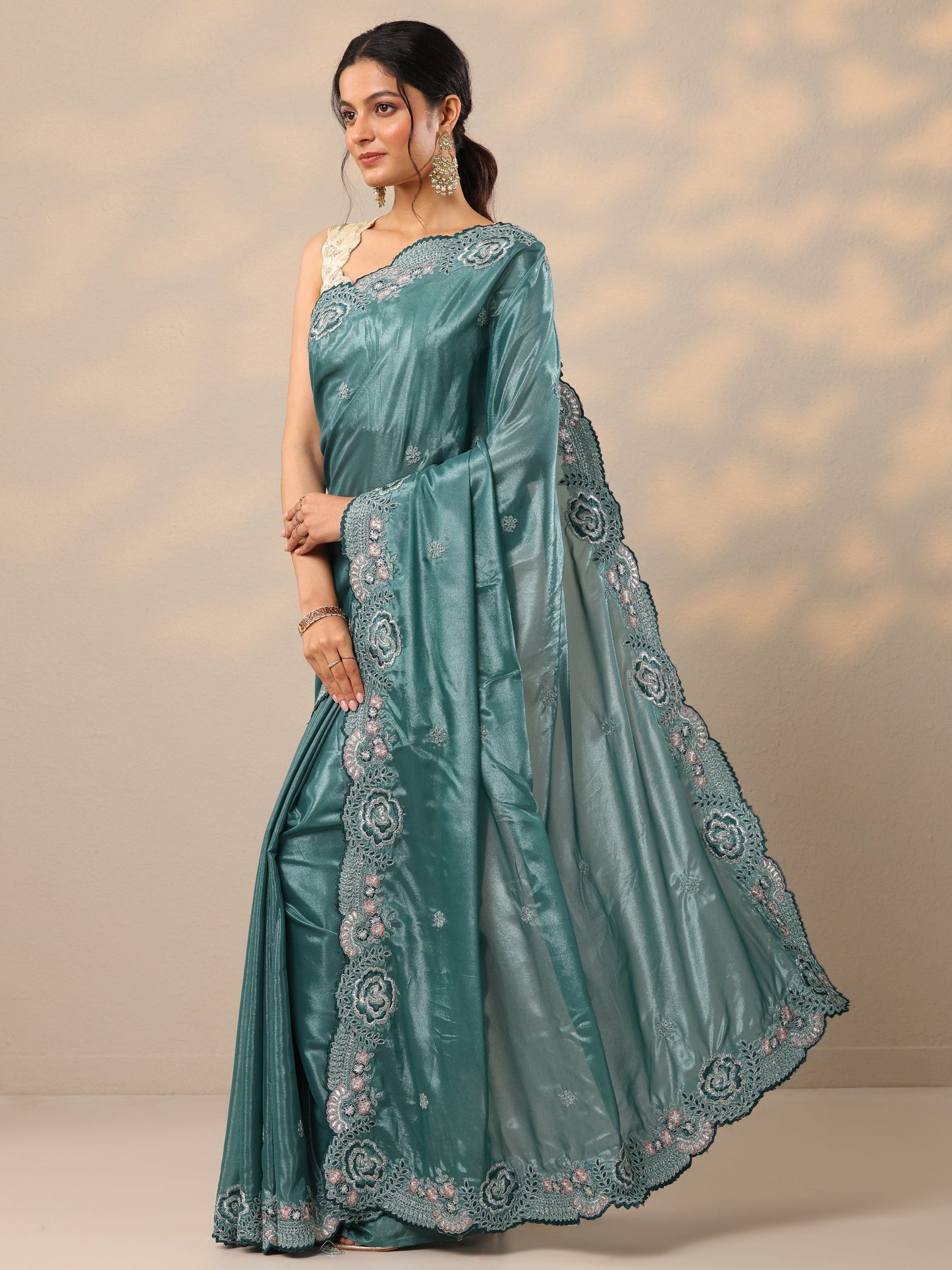 Blue Embroidered Silk Blend Sarees With Unstitched Blouse Piece