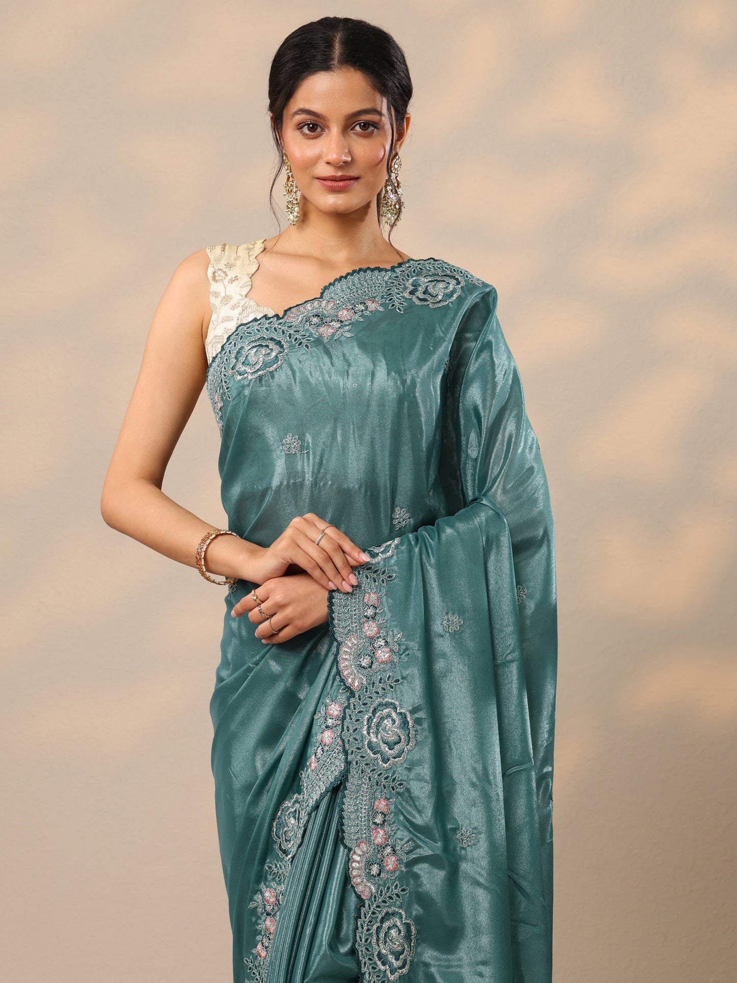 Blue Embroidered Silk Blend Sarees With Unstitched Blouse Piece