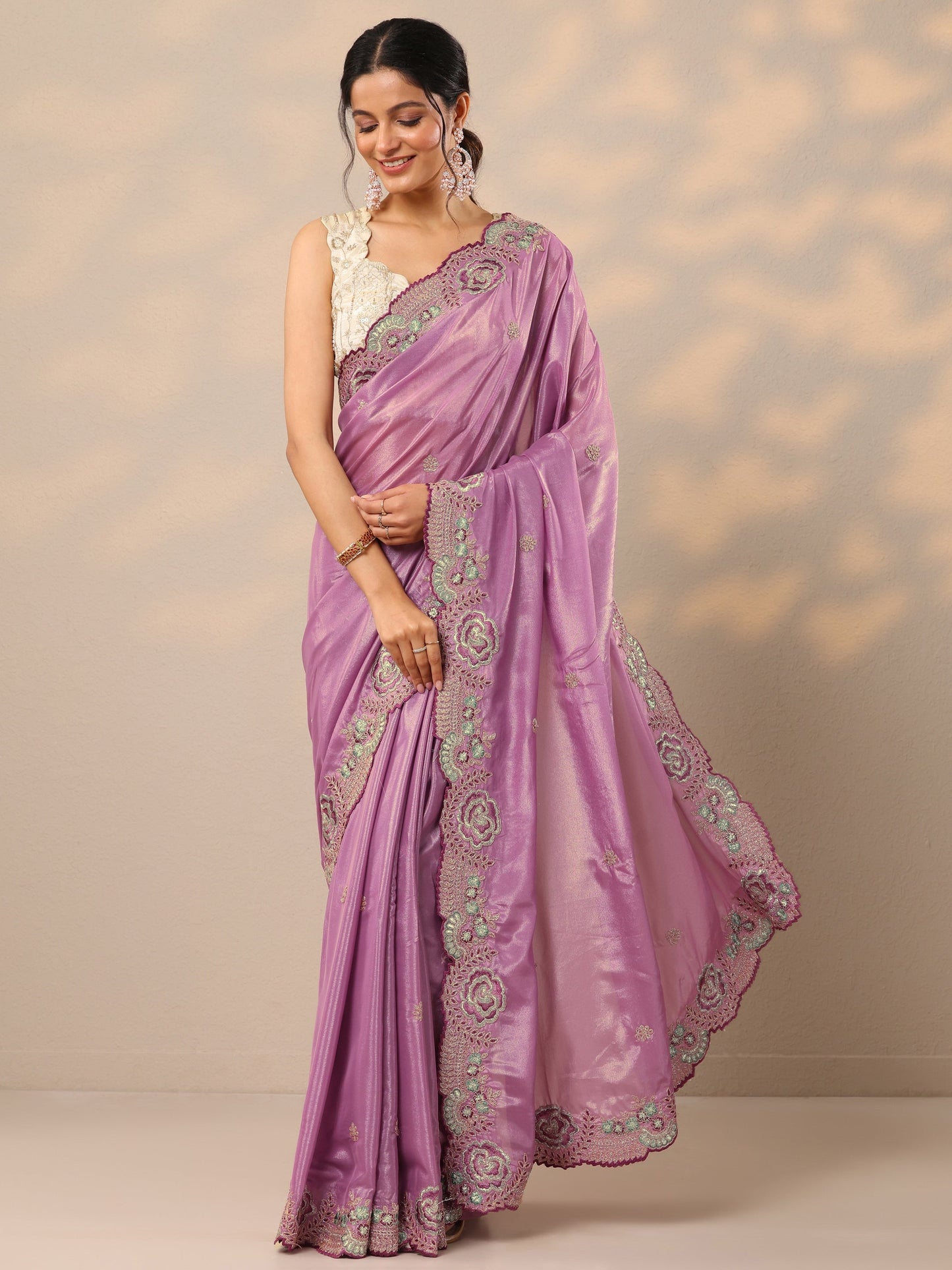 Mauve Embroidered Silk Blend Sarees With Unstitched Blouse Piece