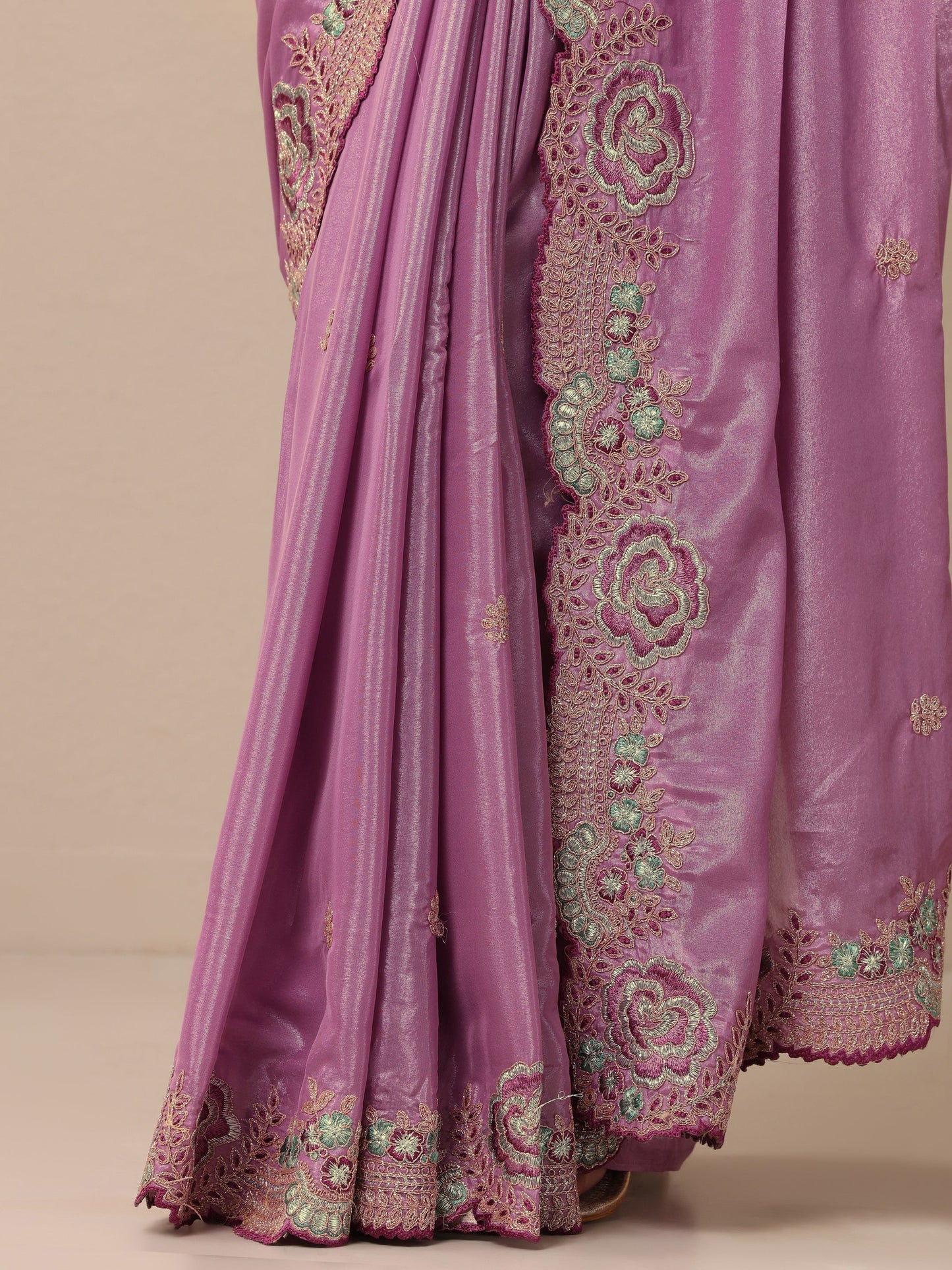 Mauve Embroidered Silk Blend Sarees With Unstitched Blouse Piece