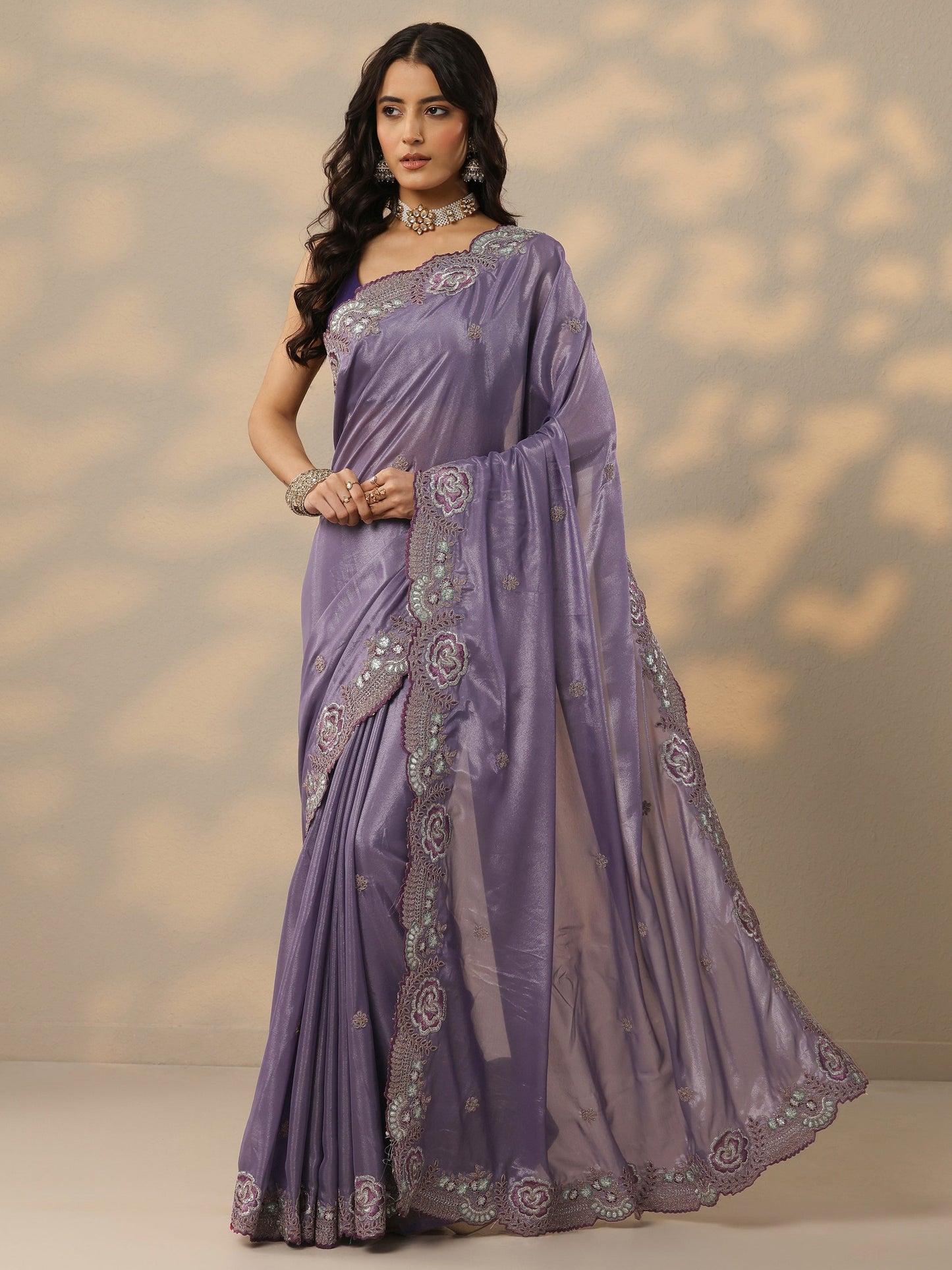 Lavender Embroidered Silk Blend Saree With Unstitched Blouse Piece