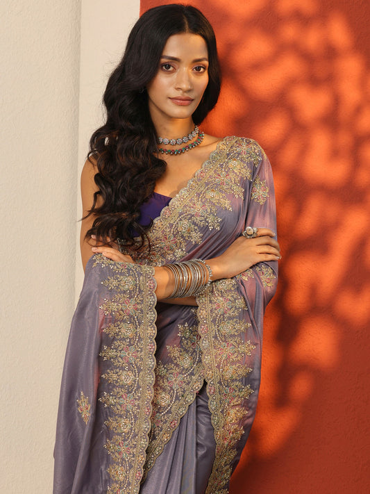 Lavender Embroidered Silk Blend Saree With Unstitched Blouse Piece