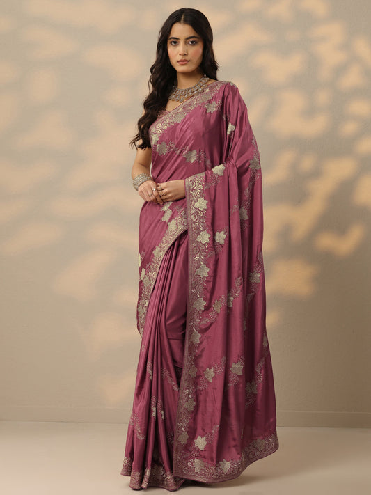 Pink Embroidered Silk Blend Saree With Unstitched Blouse Piece