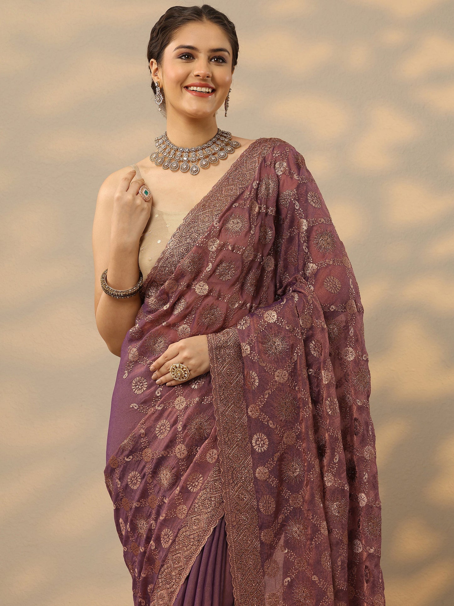 Purple Embroidered Banarasi Silk Blend Saree With Unstitched Blouse Piece