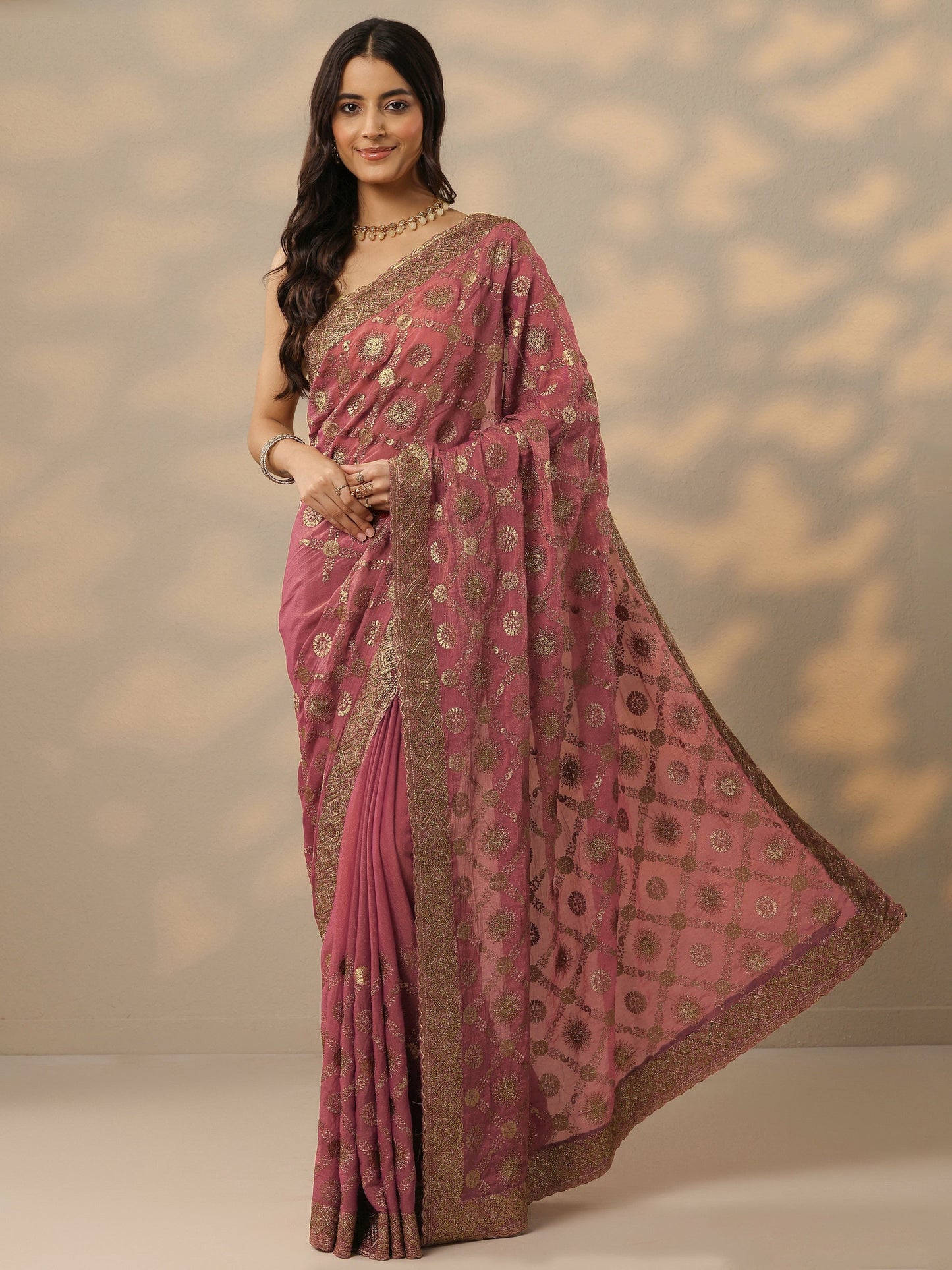 Pink Embroidered Banarasi Silk Blend Saree With Unstitched Blouse Piece