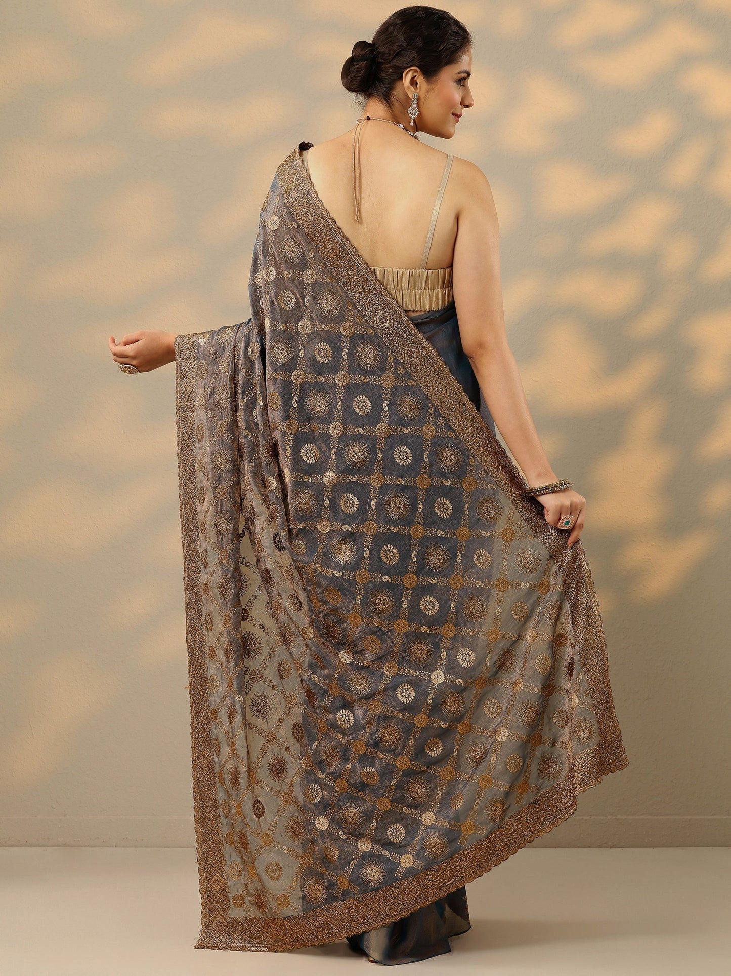 Blue Embroidered Banarasi Silk Blend Saree With Unstitched Blouse Piece