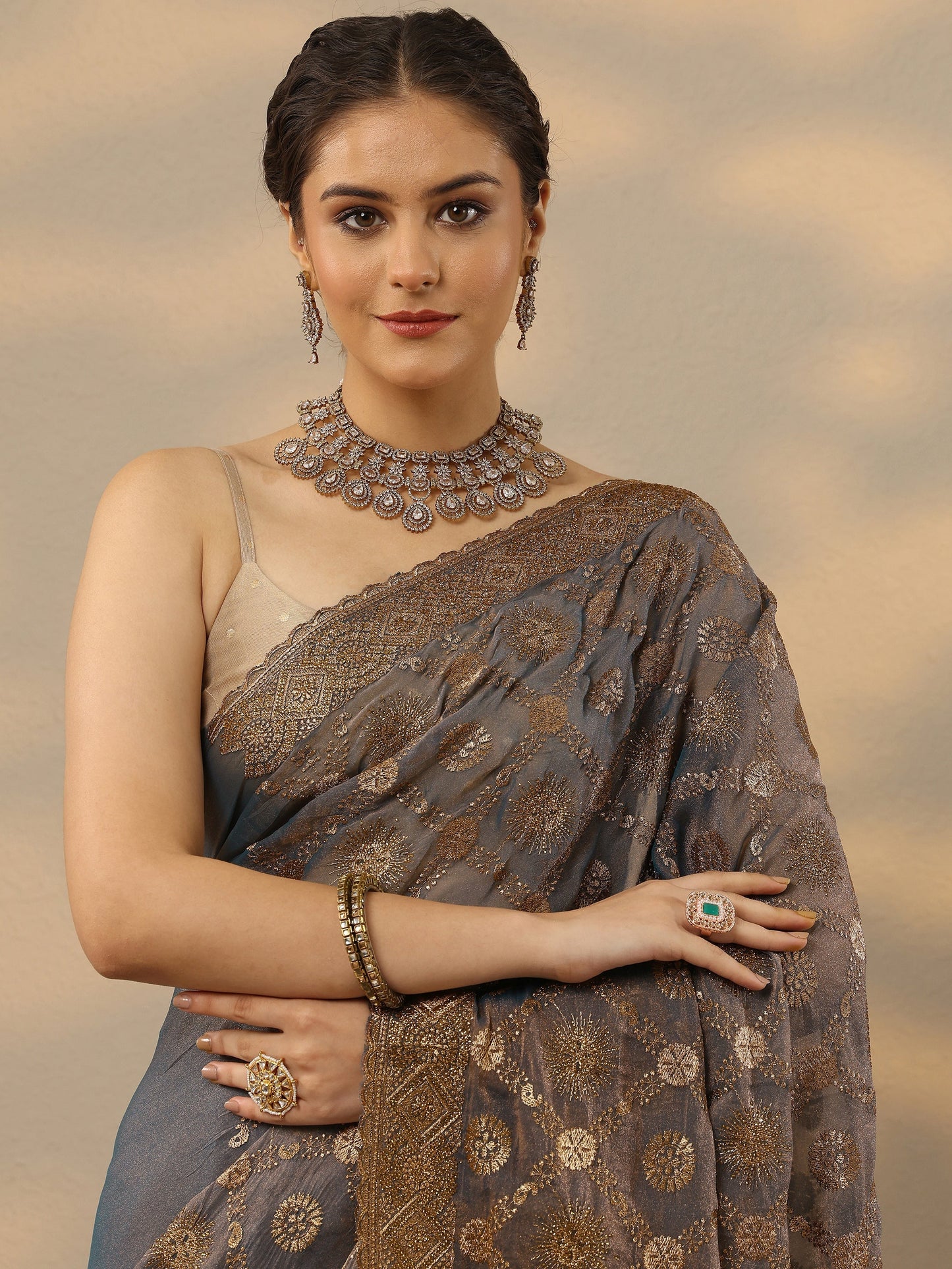 Blue Embroidered Banarasi Silk Blend Saree With Unstitched Blouse Piece