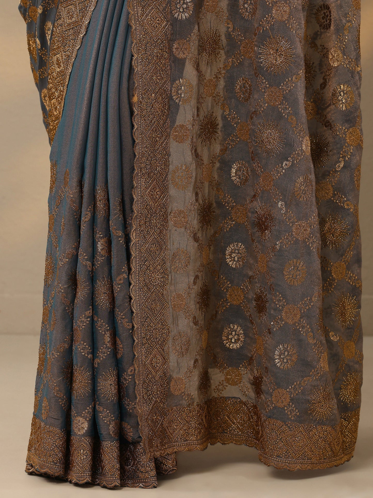 Blue Embroidered Banarasi Silk Blend Saree With Unstitched Blouse Piece