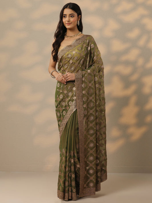 Green Embroidered Banarasi Silk Blend Saree With Unstitched Blouse Piece