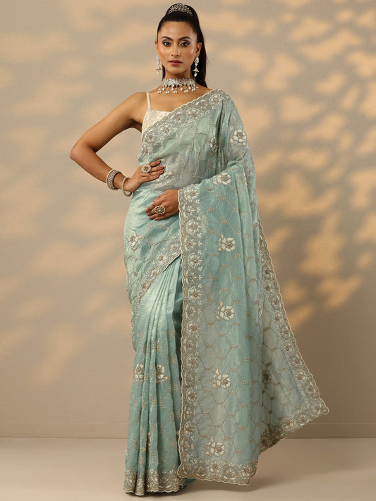 Green Embroidered Organza Saree With Unstitched Blouse Piece