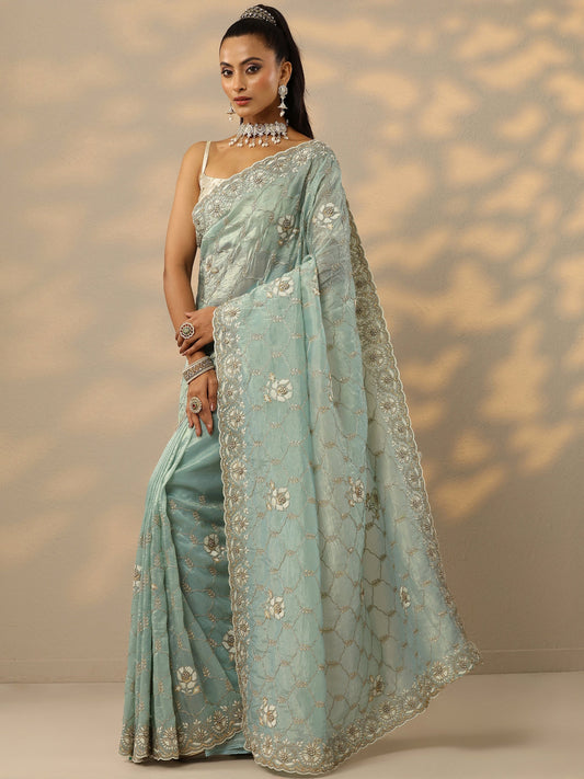 Green Embroidered Organza Saree With Unstitched Blouse Piece