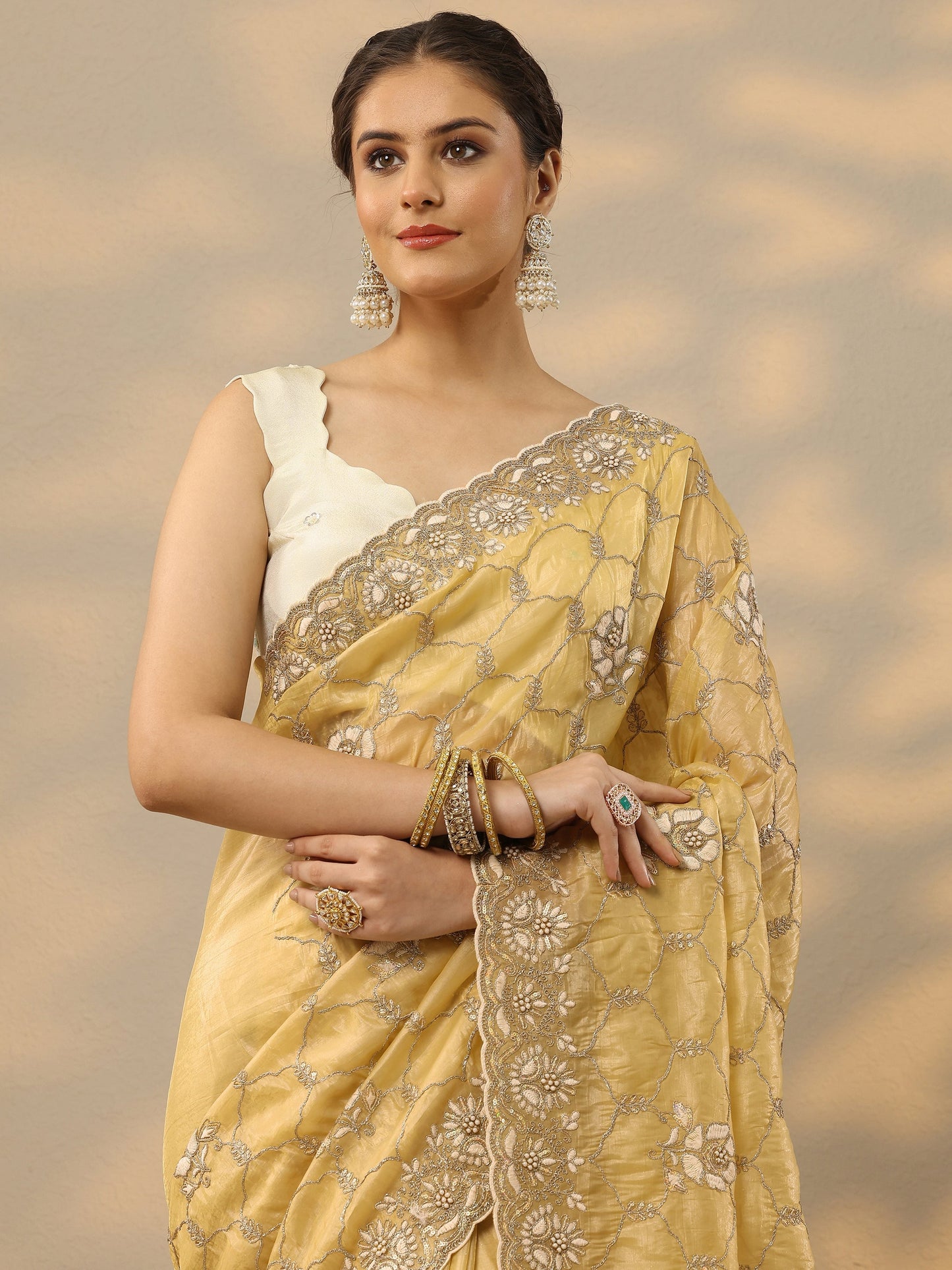Yellow Embroidered Organza Saree With Unstitched Blouse Piece
