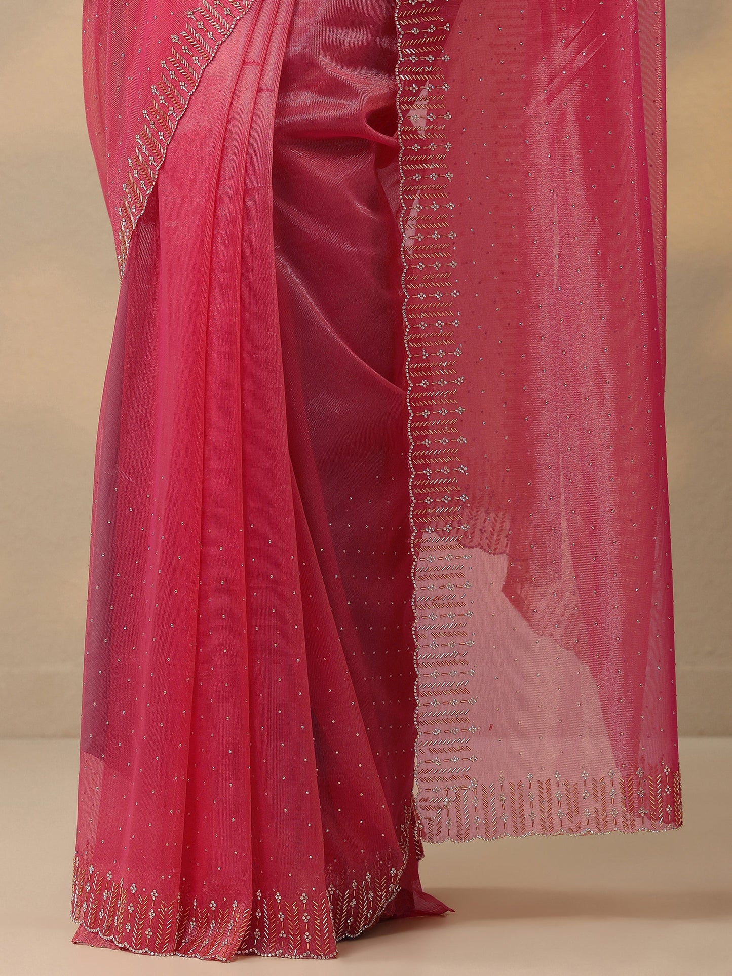 Pink Embellished Nylon Saree With Unstitched Blouse Piece