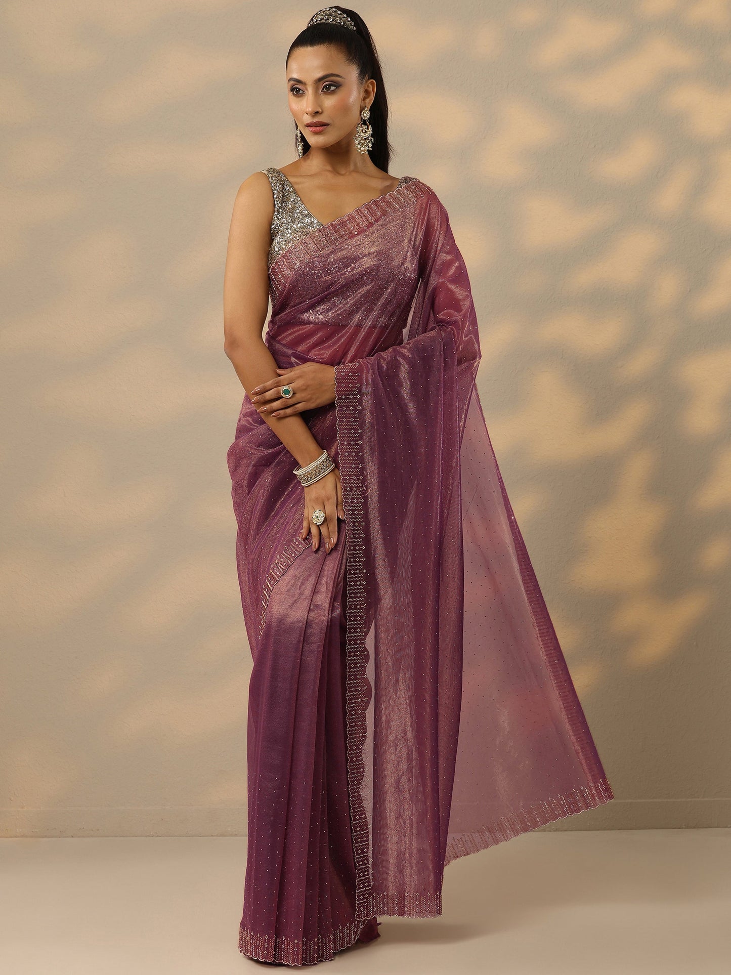 Mauve Embellished Nylon Saree With Unstitched Blouse Piece