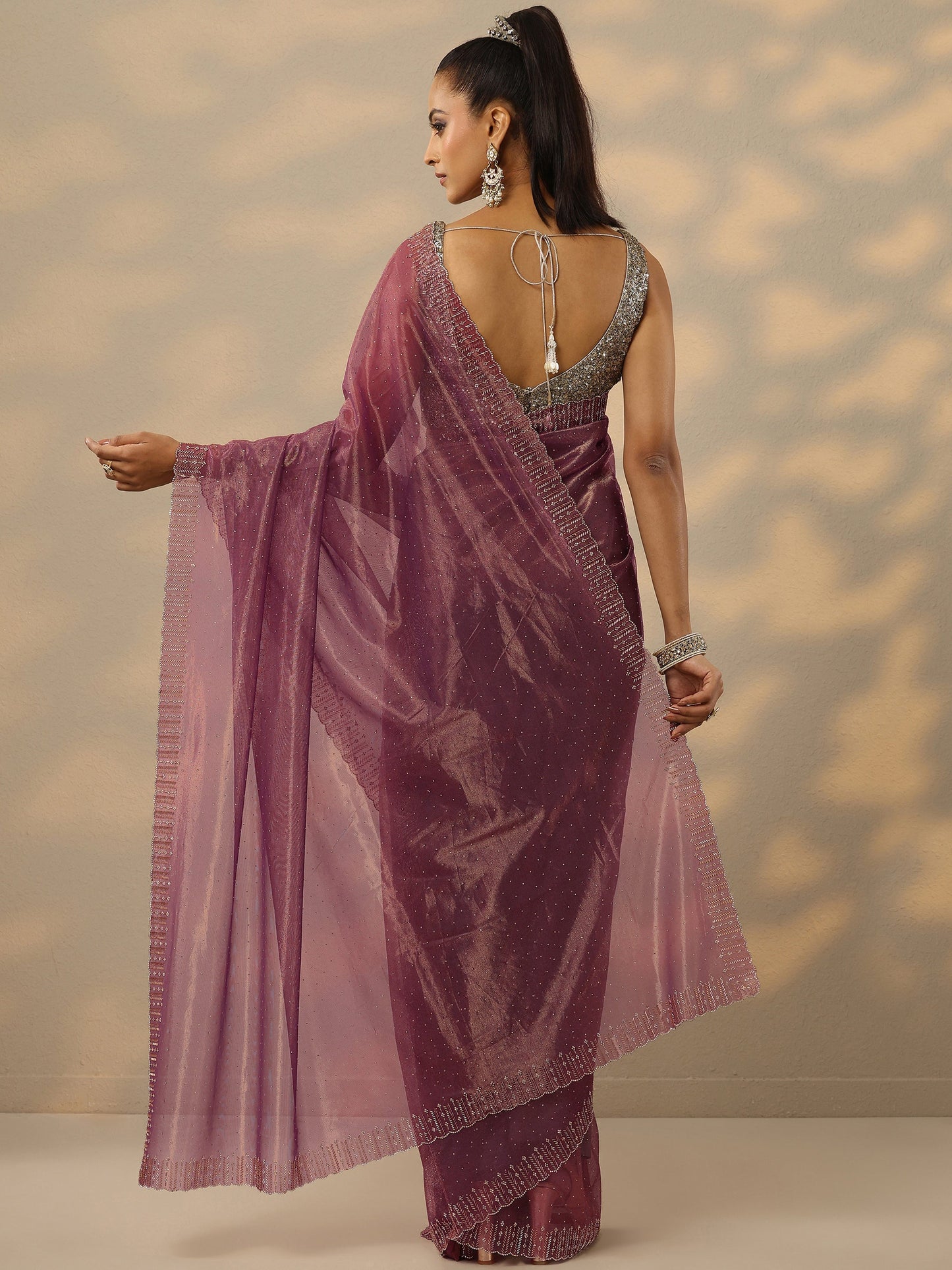 Mauve Embellished Nylon Saree With Unstitched Blouse Piece