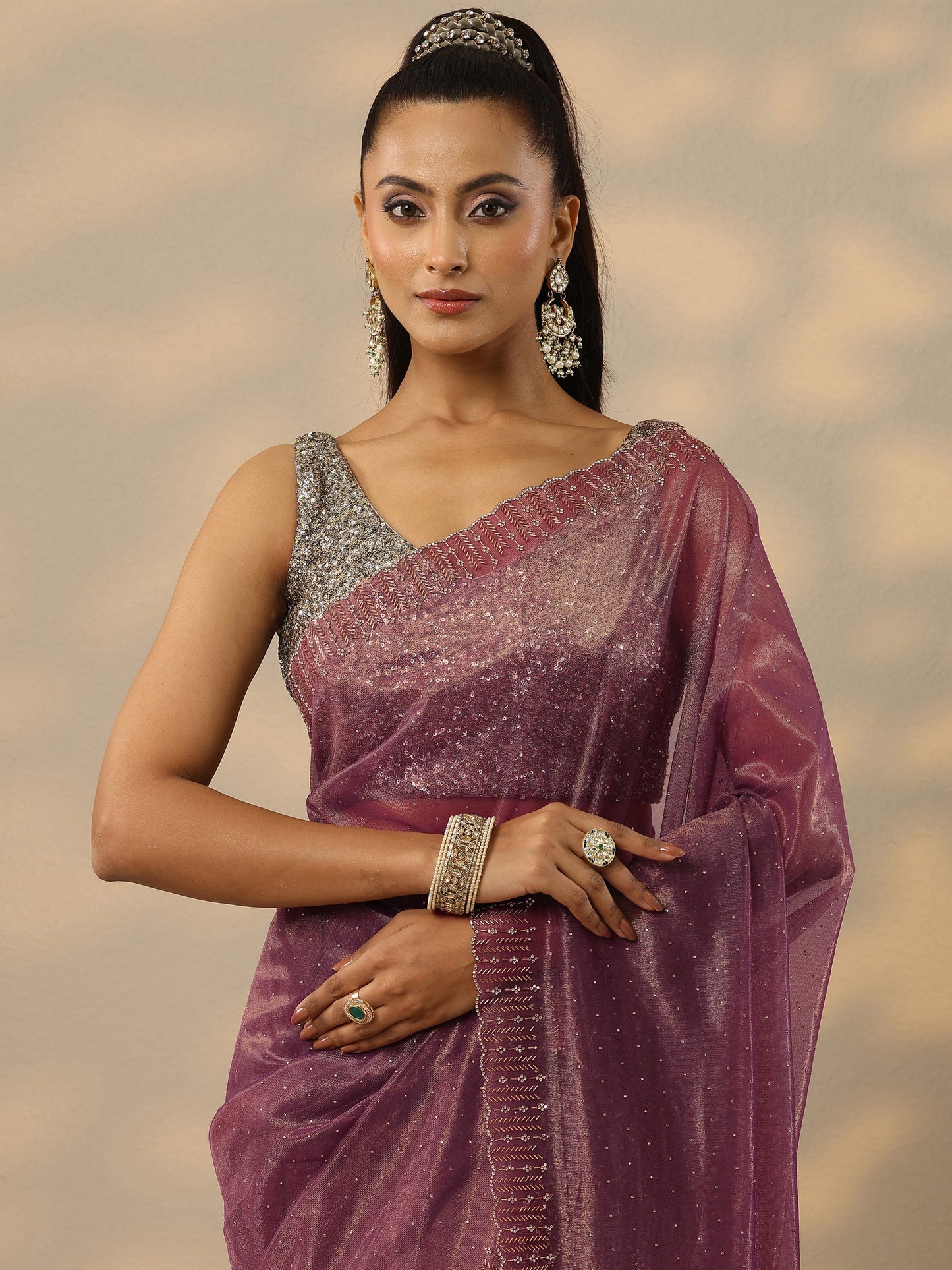 Mauve Embellished Nylon Saree With Unstitched Blouse Piece
