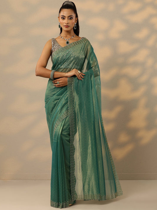 Green Embellished Nylon Saree With Unstitched Blouse Piece