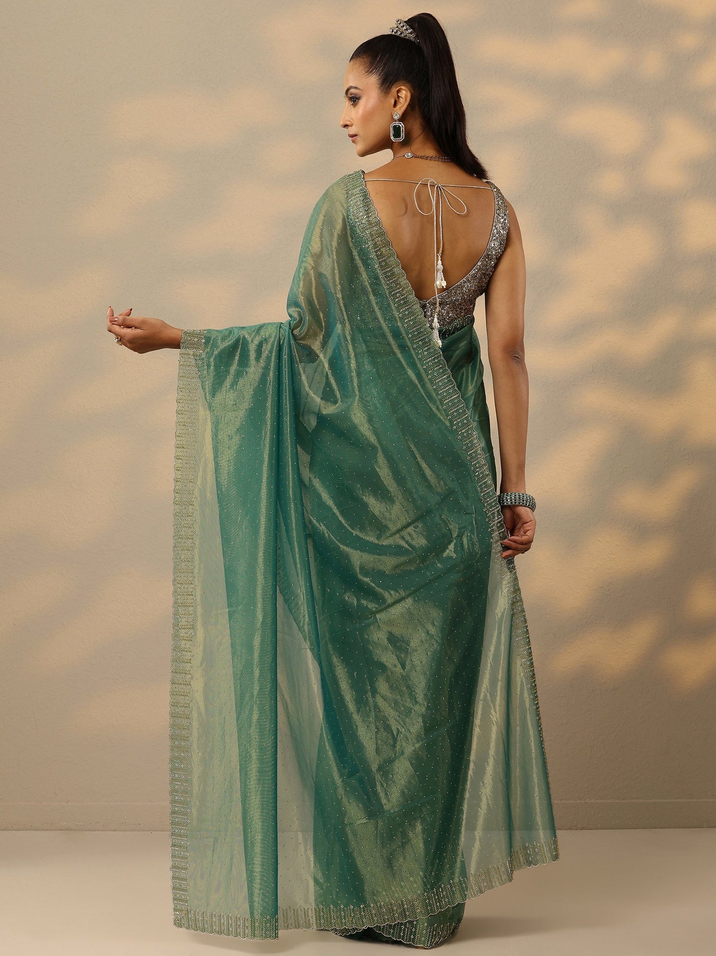 Green Embellished Nylon Saree With Unstitched Blouse Piece