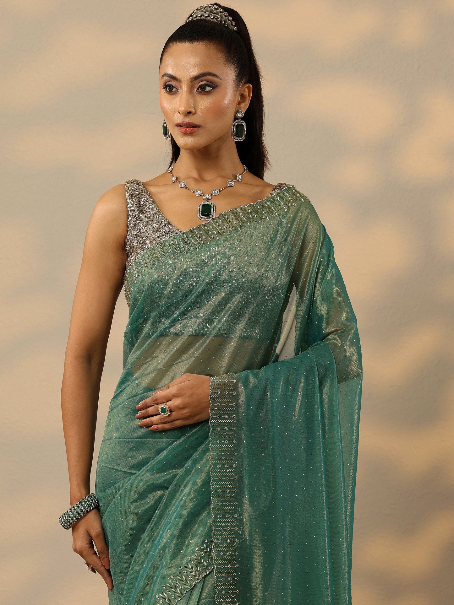Green Embellished Nylon Saree With Unstitched Blouse Piece