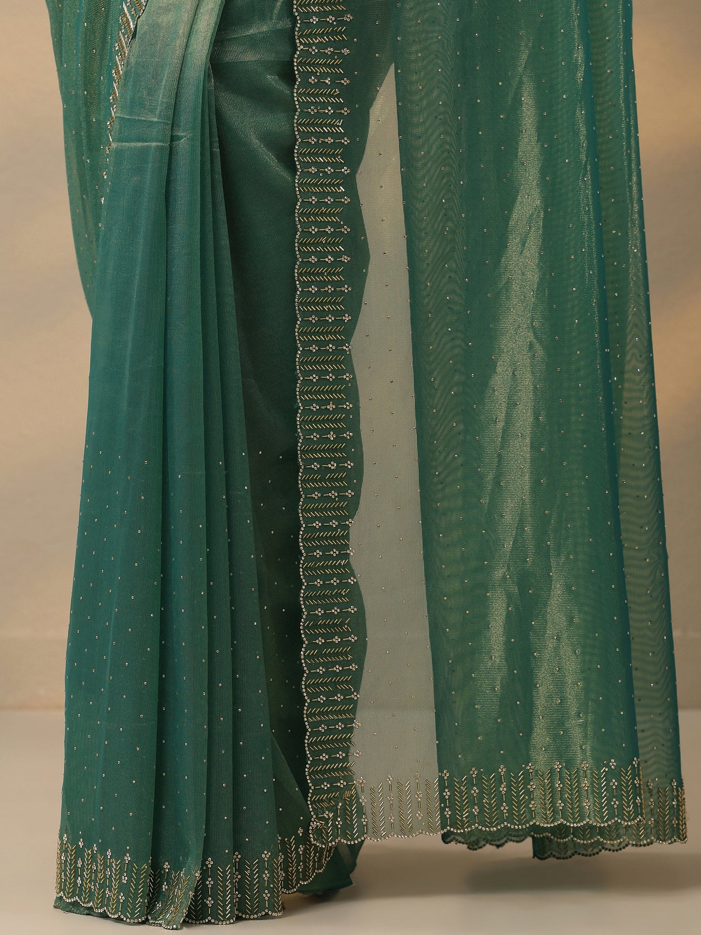 Green Embellished Nylon Saree With Unstitched Blouse Piece