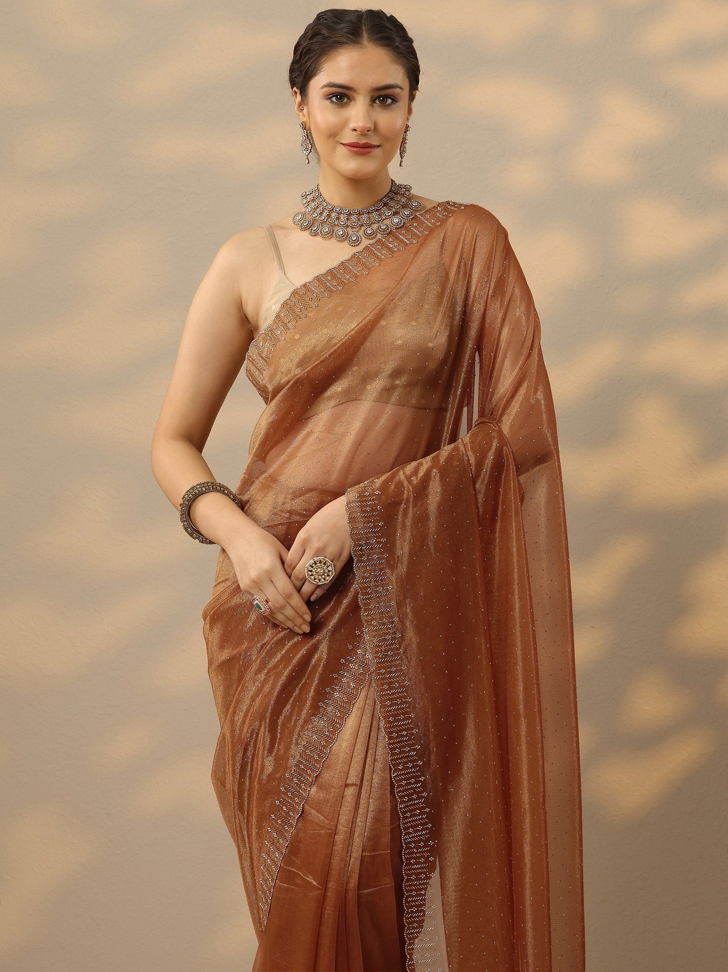 Rust Embellished Nylon Saree With Unstitched Blouse Piece