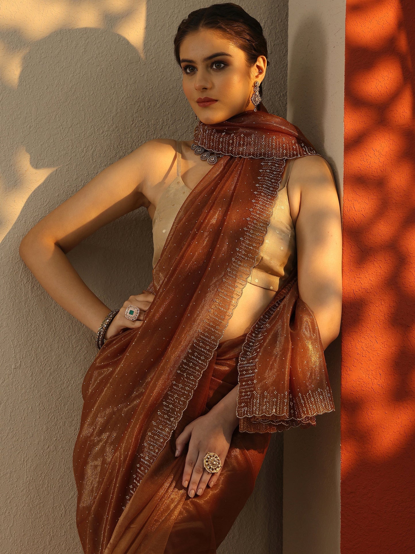 Rust Embellished Nylon Saree With Unstitched Blouse Piece