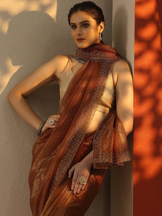 Rust Embellished Nylon Saree With Unstitched Blouse Piece