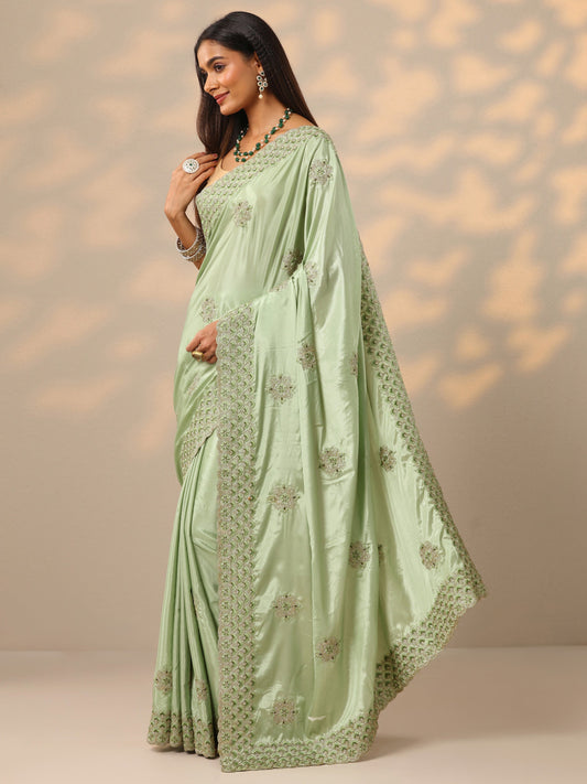 Green Embroidered Crepe Saree With Unstitched Blouse Piece
