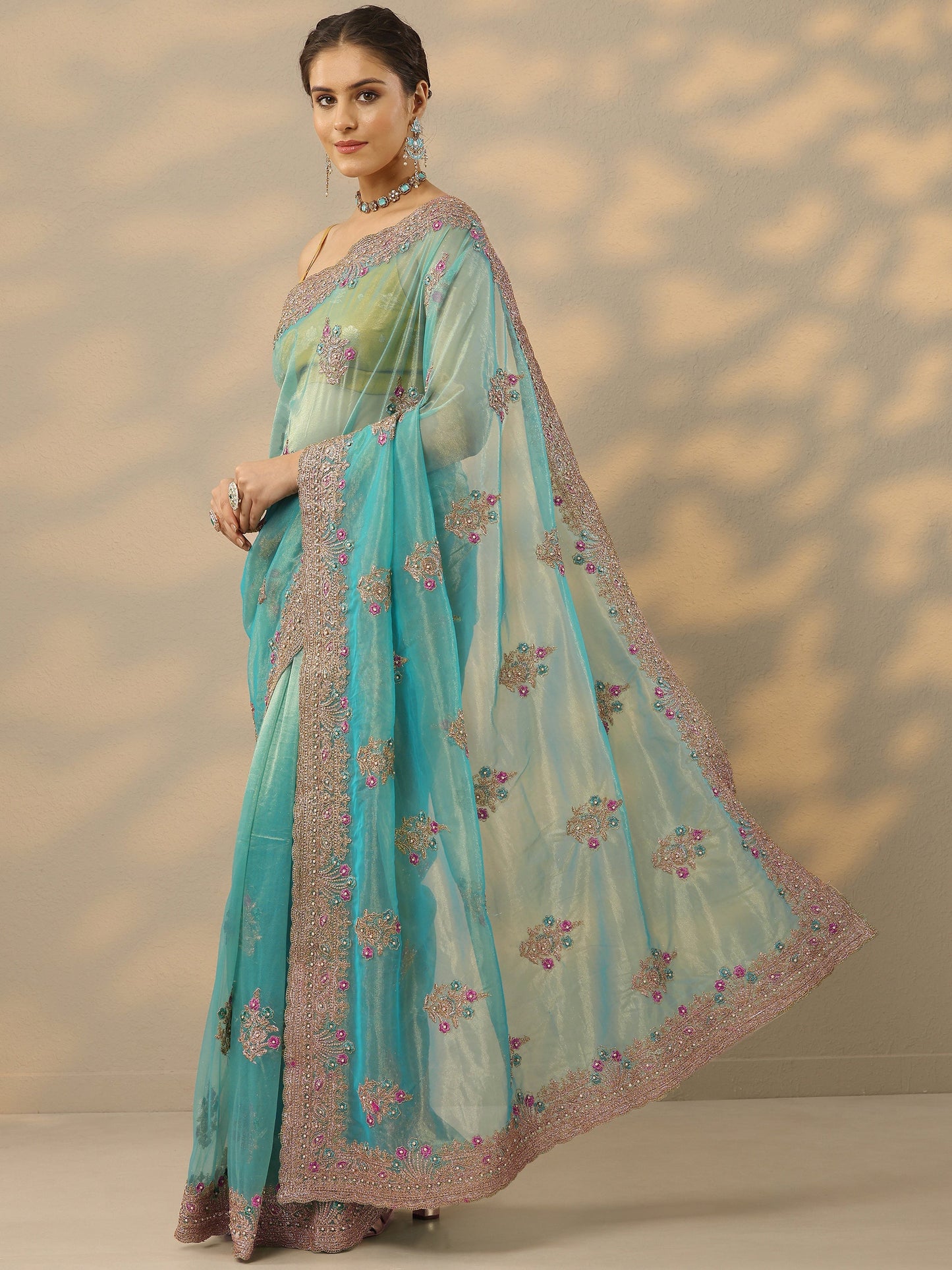Blue Embroidered Nylon Saree With Unstitched Blouse Piece