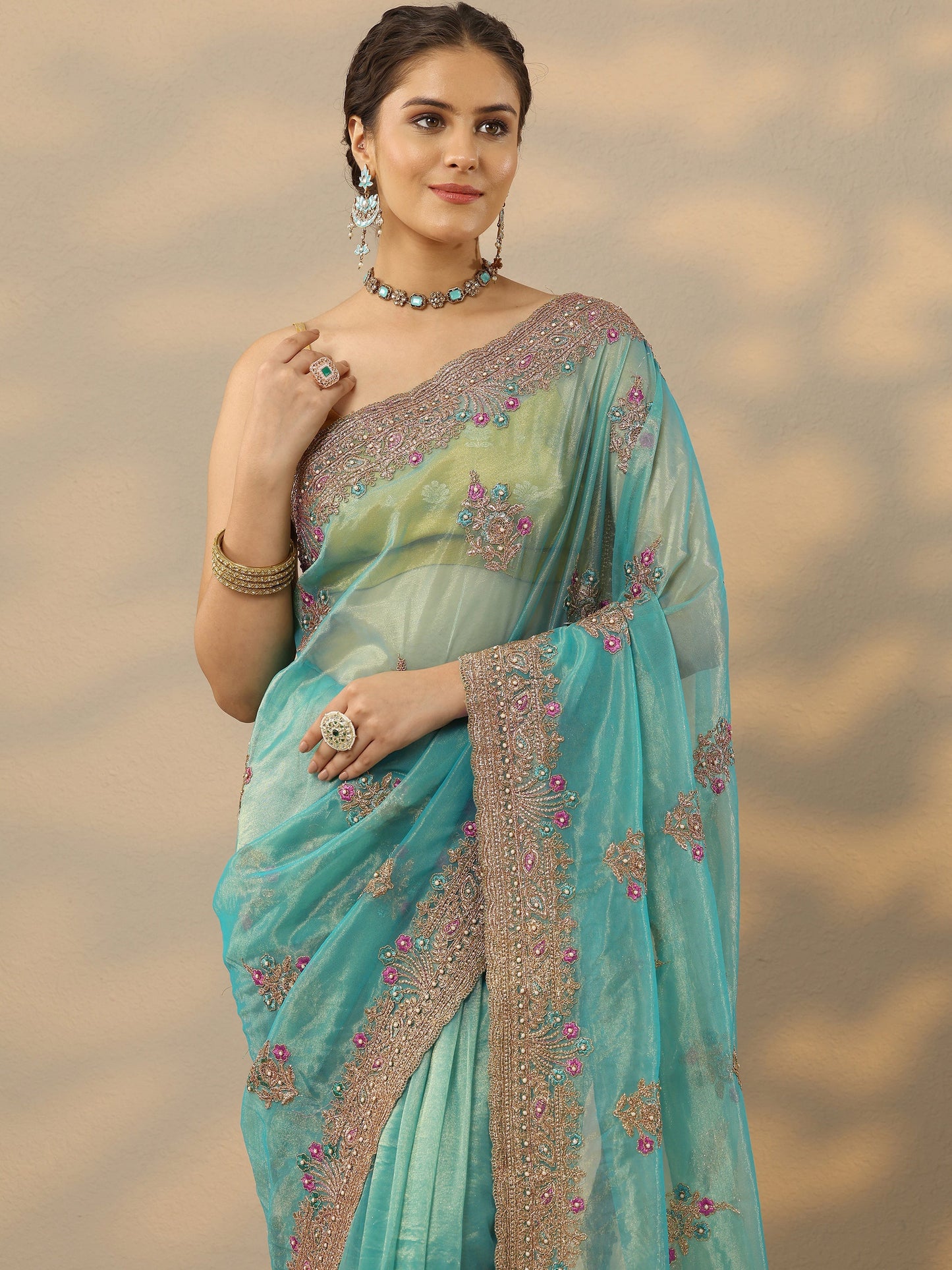 Blue Embroidered Nylon Saree With Unstitched Blouse Piece