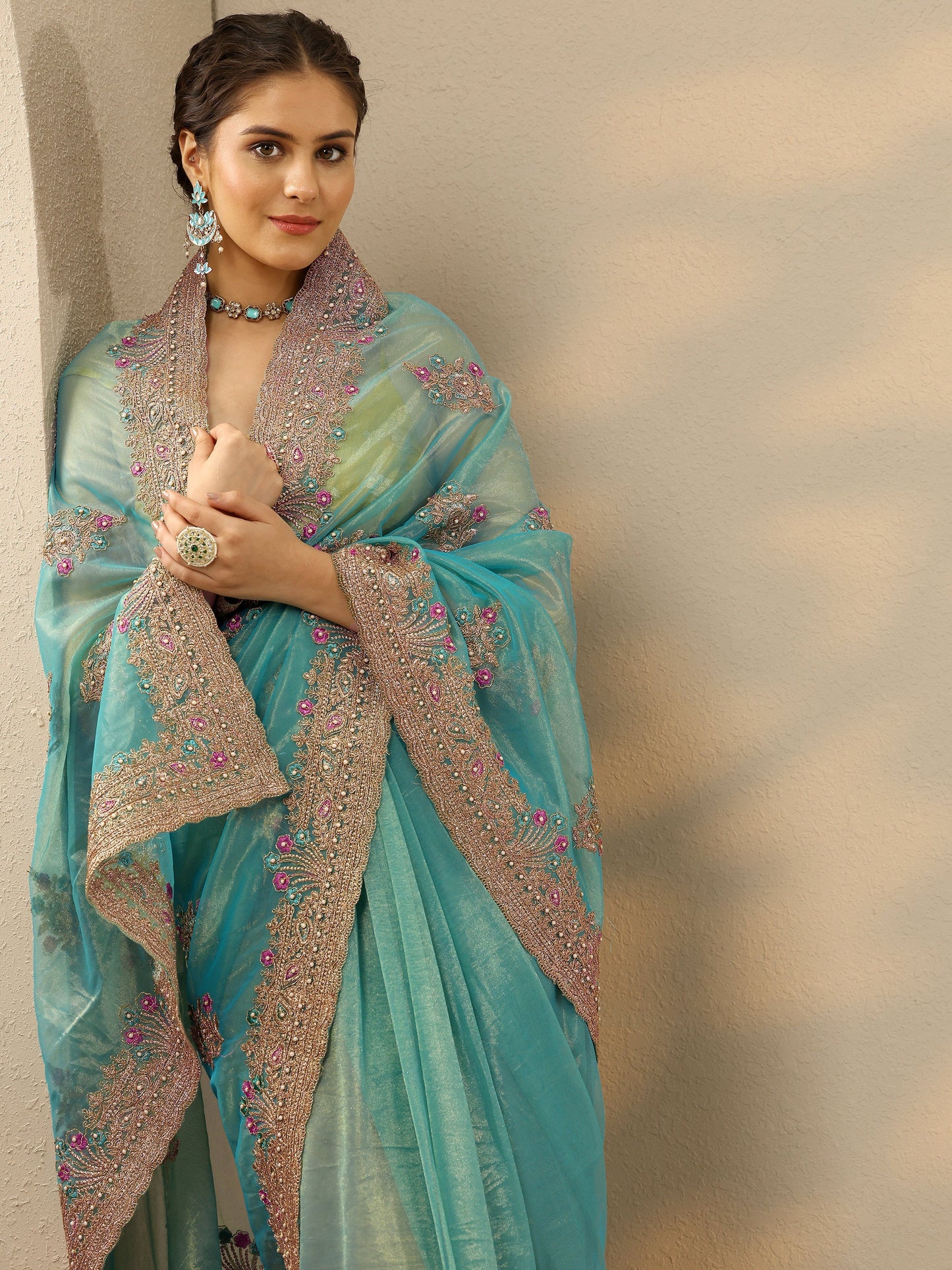 Blue Embroidered Nylon Saree With Unstitched Blouse Piece