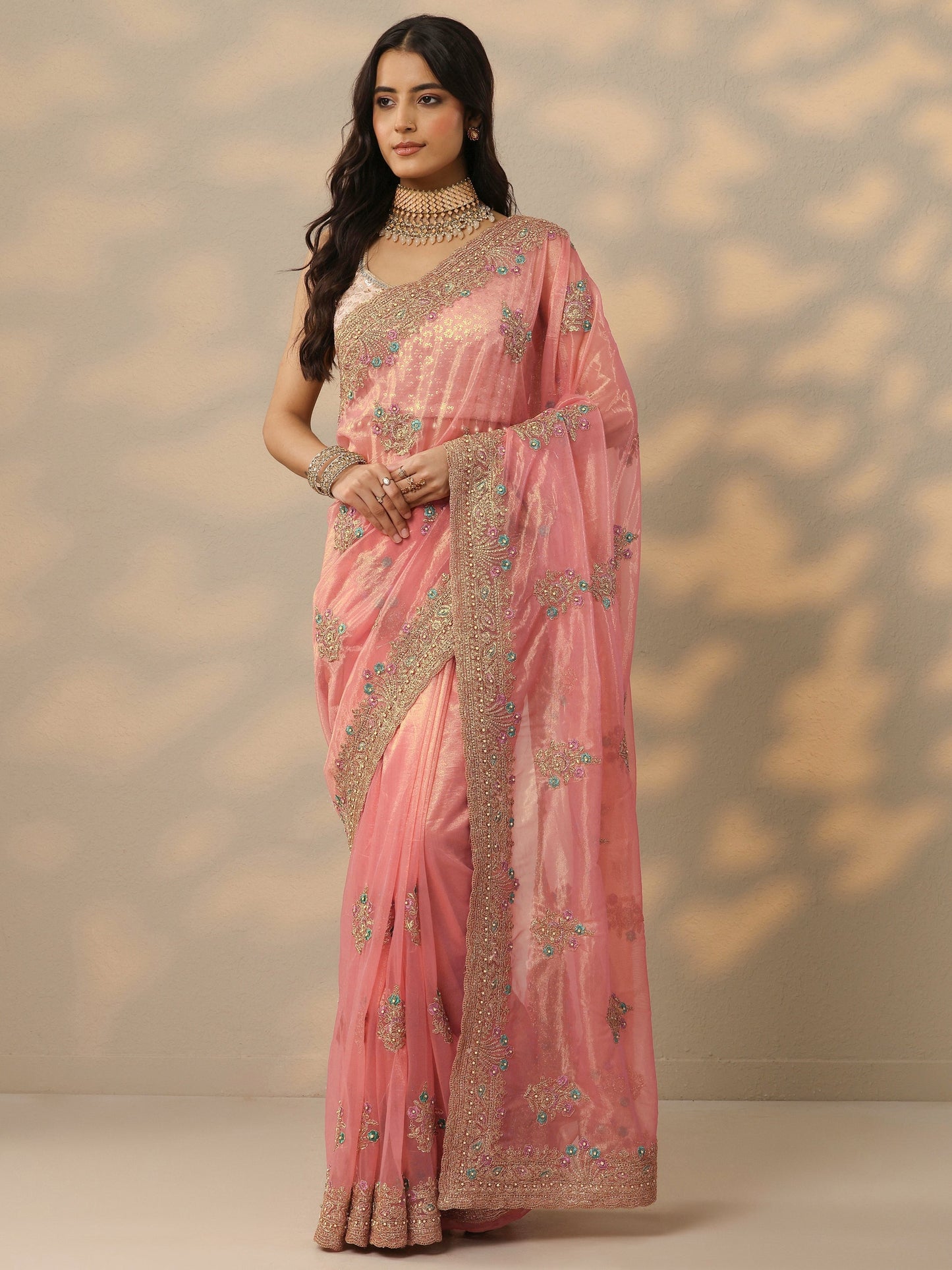 Peach Embroidered Nylon Saree With Unstitched Blouse Piece