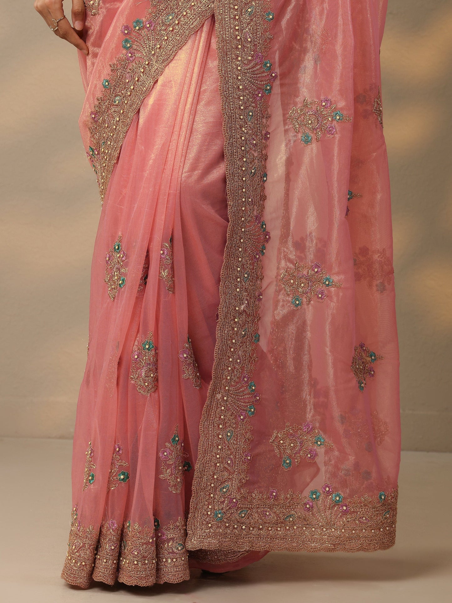Peach Embroidered Nylon Saree With Unstitched Blouse Piece