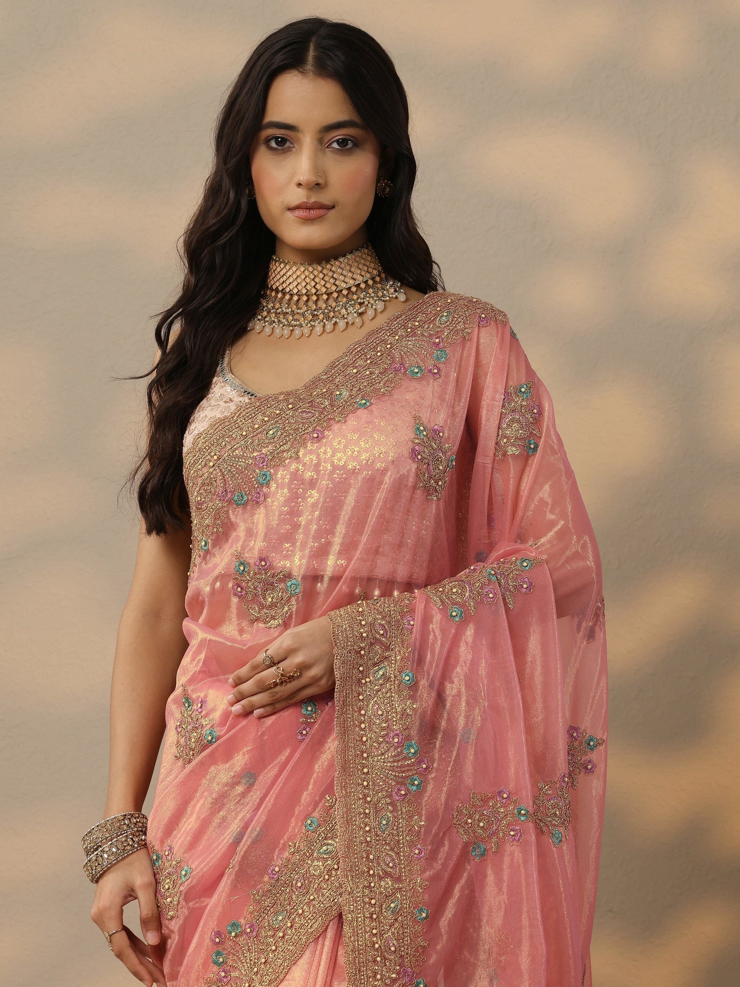 Peach Embroidered Nylon Saree With Unstitched Blouse Piece