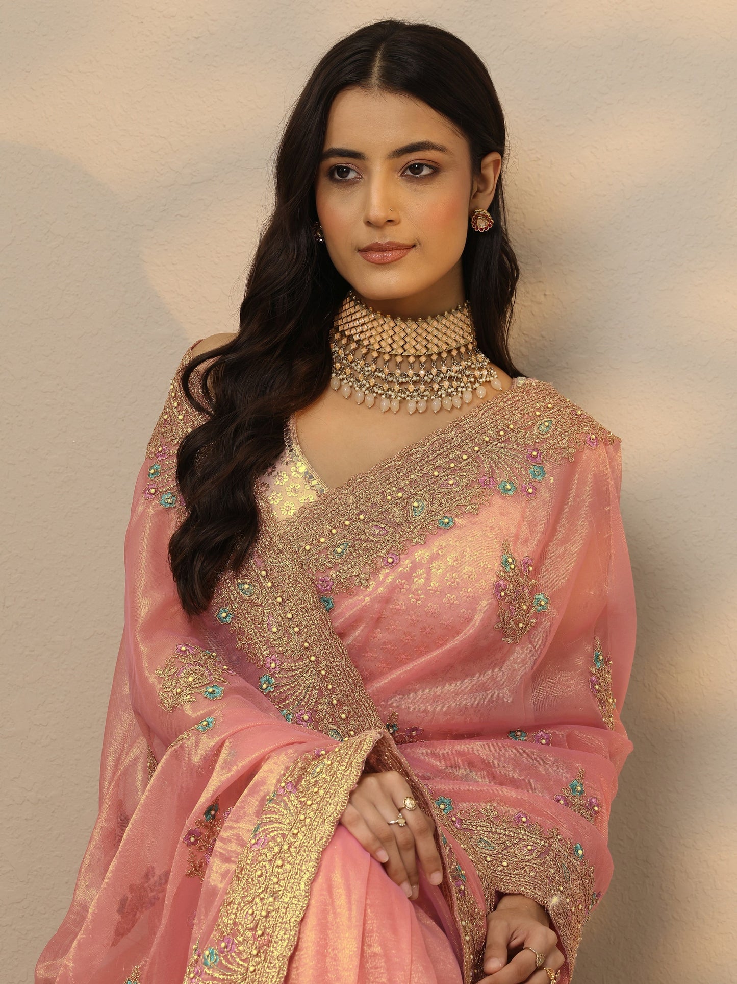 Peach Embroidered Nylon Saree With Unstitched Blouse Piece