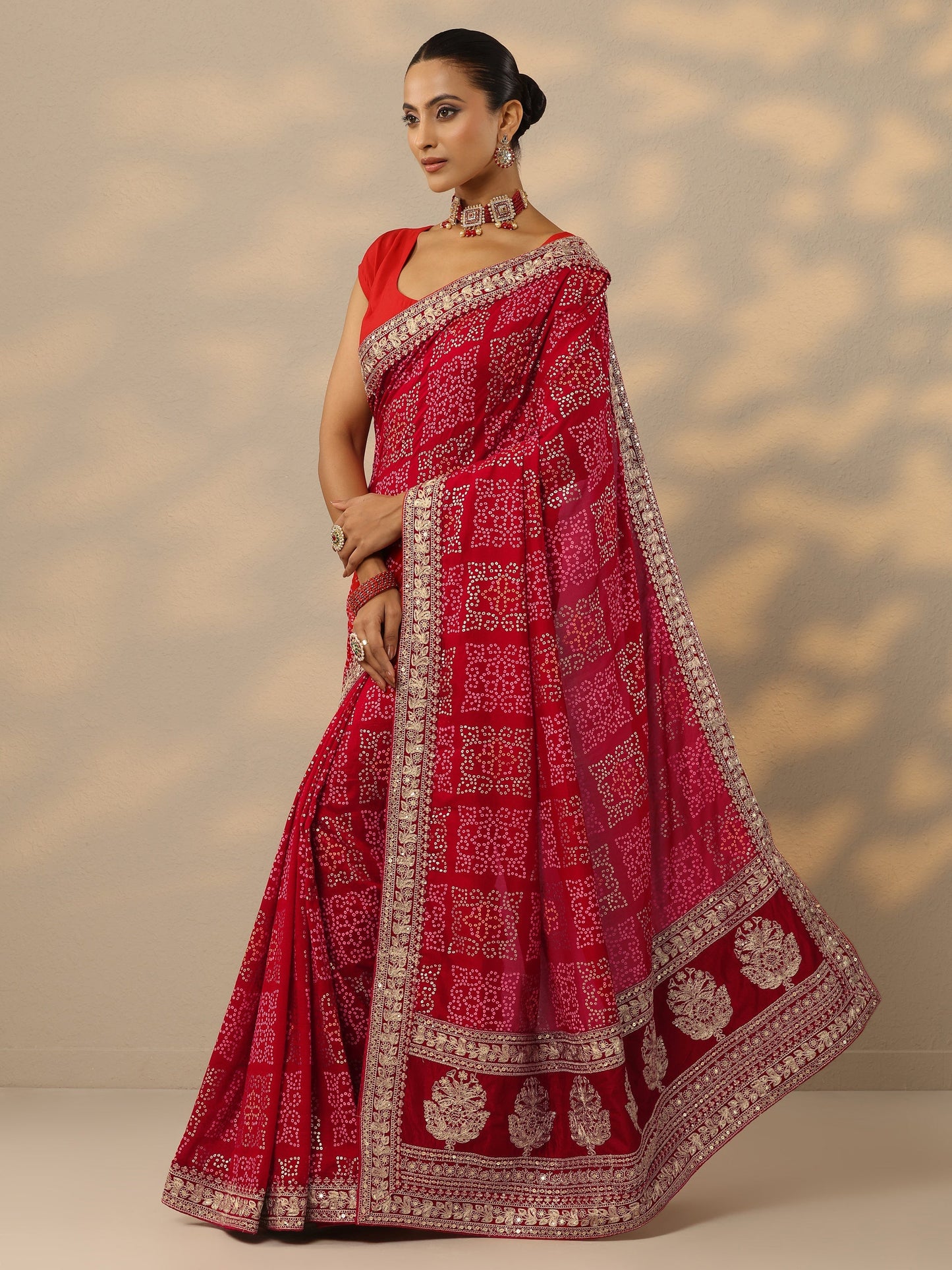 Red Bandhani  Printed Silk Blend Saree With Unstitched Blouse Piece