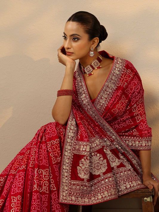 Red Bandhani  Printed Silk Blend Saree With Unstitched Blouse Piece