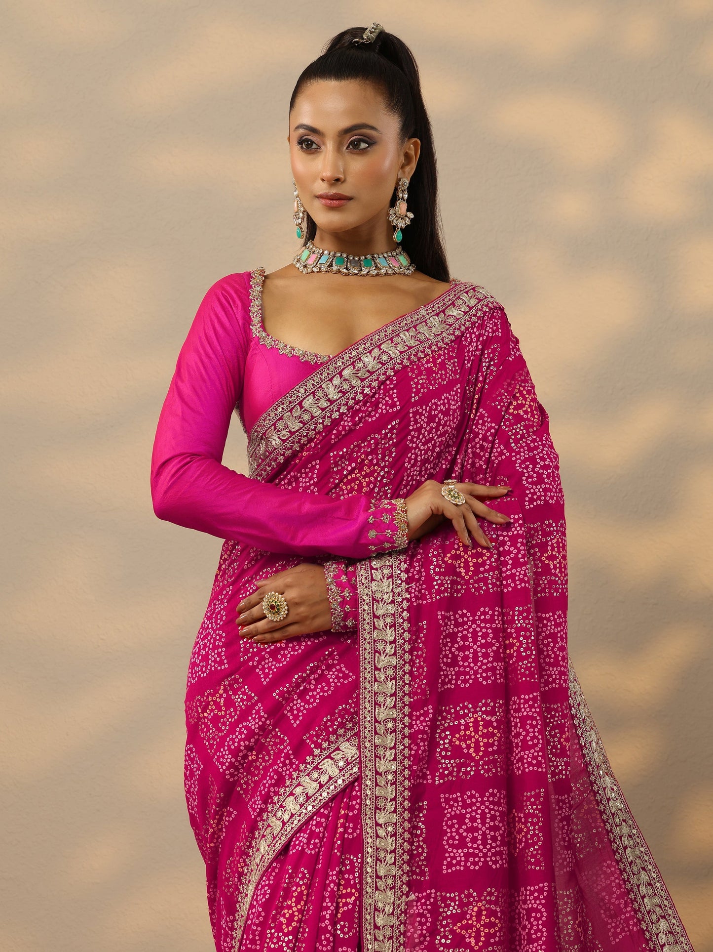 Pink Bandhani  Printed Silk Blend Saree With Unstitched Blouse Piece