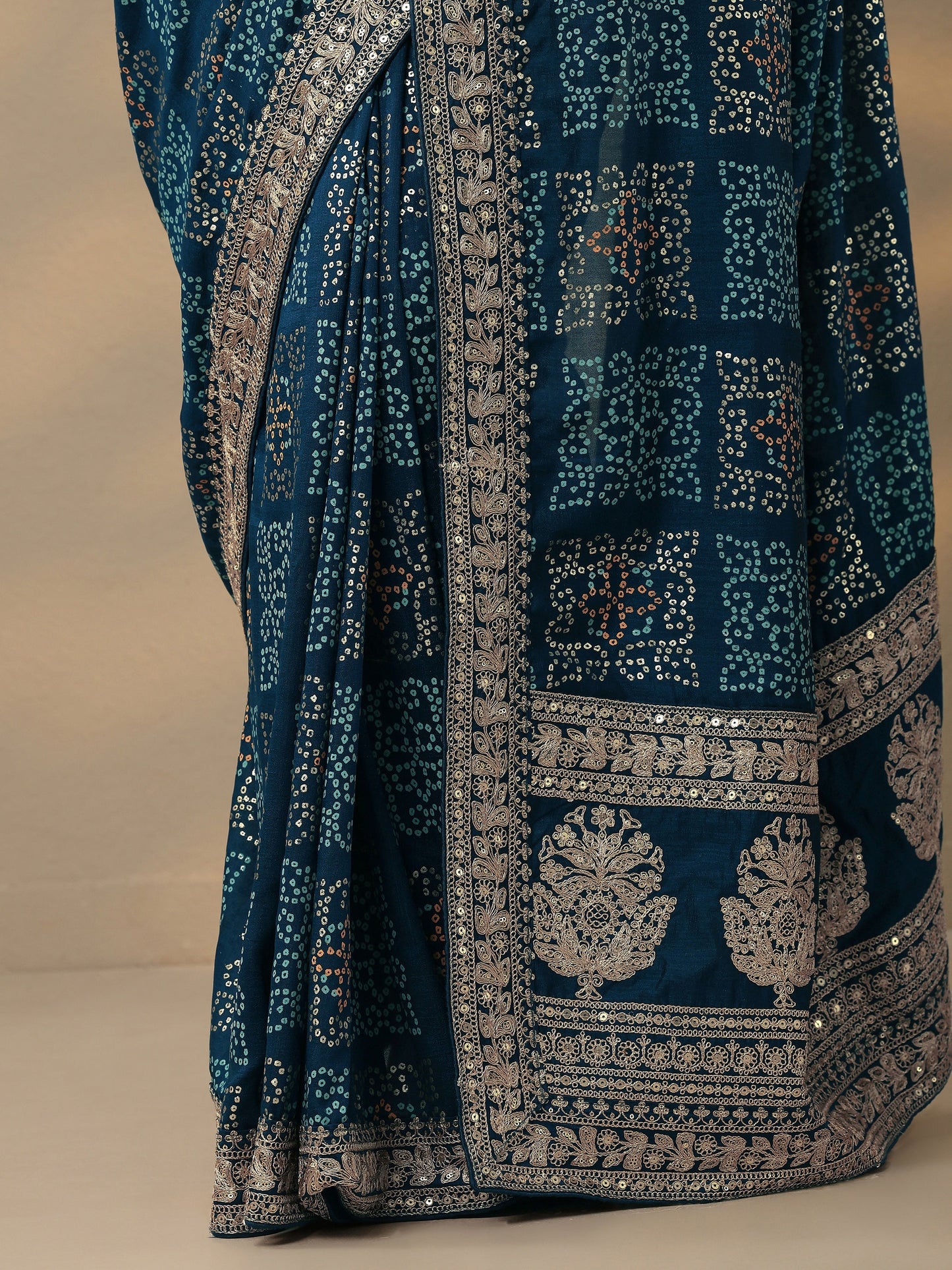 Blue Bandhani  Printed Silk Blend Saree With Unstitched Blouse Piece