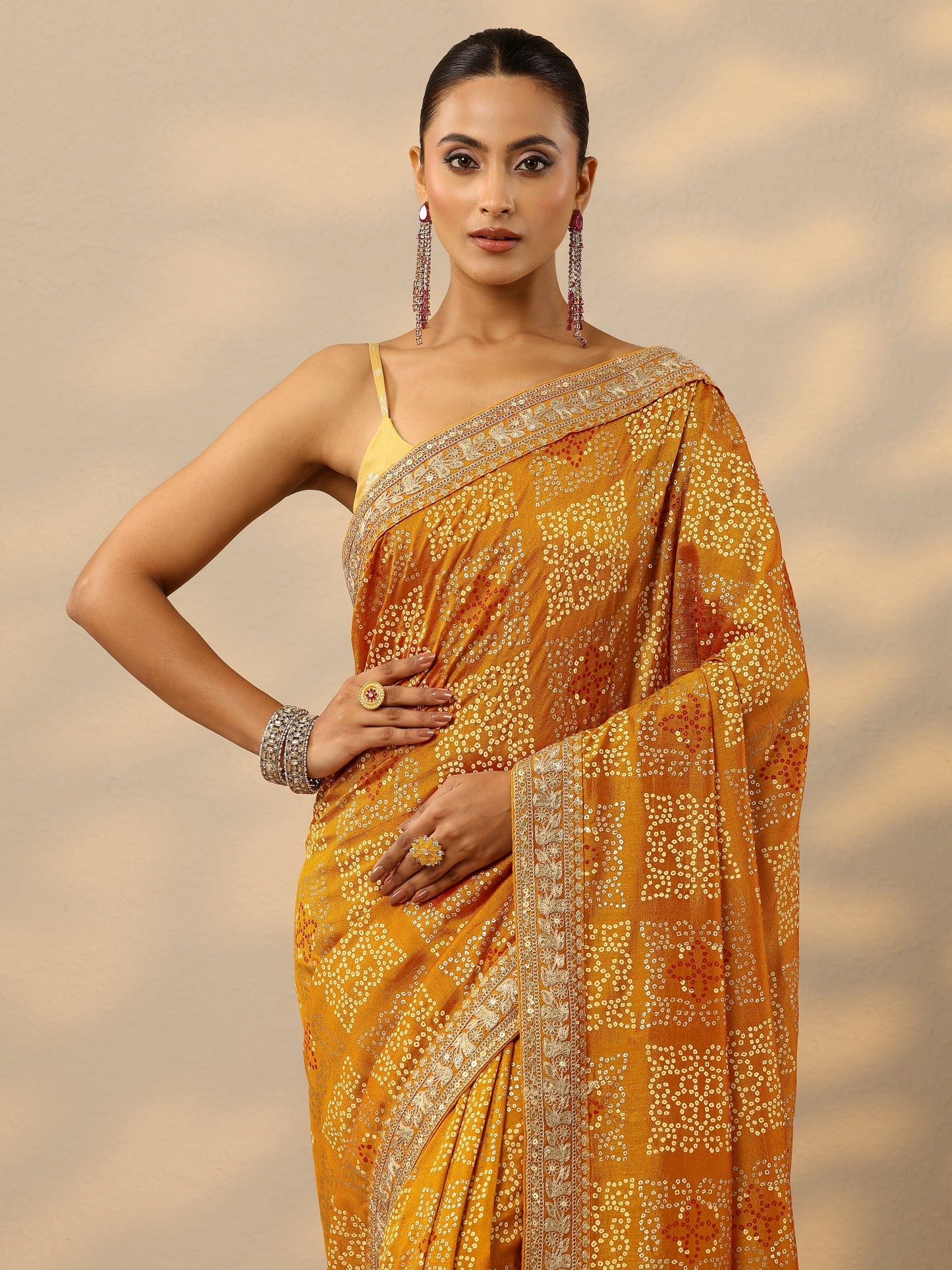 Mustard Bandhani  Printed Silk Blend Saree With Unstitched Blouse Piece