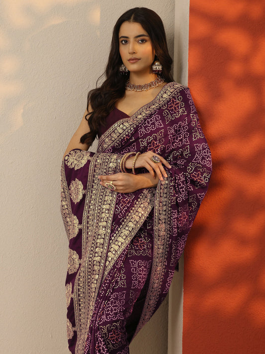 Burgundy Bandhani Printed Silk Blend Saree With Unstitched Blouse Piece
