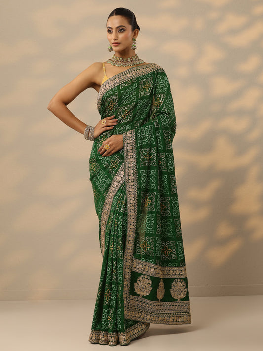 Green Bandhani  Printed Silk Blend Saree With Unstitched Blouse Piece