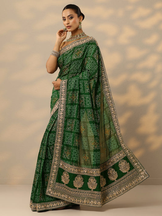 Green Bandhani  Printed Silk Blend Saree With Unstitched Blouse Piece