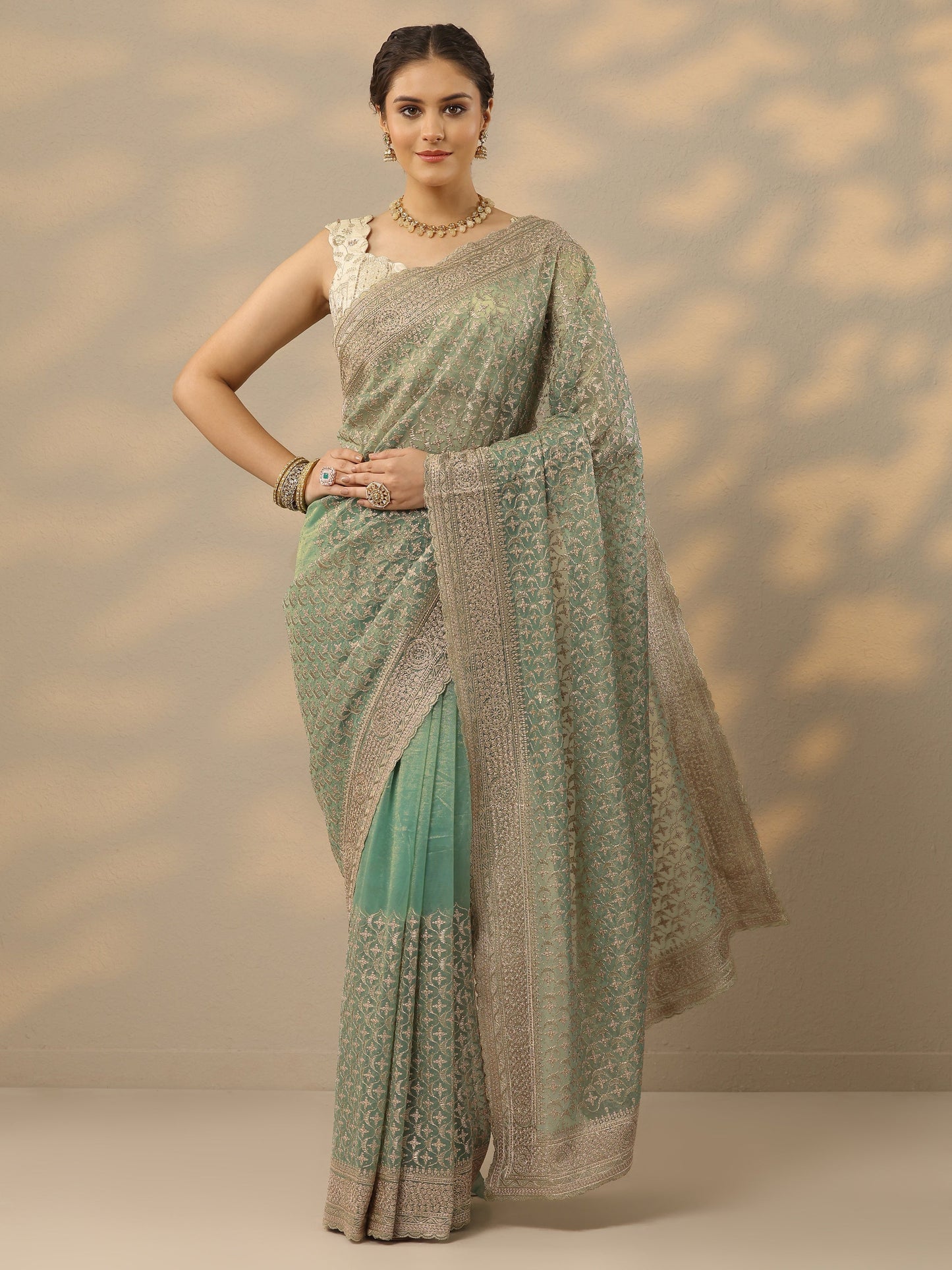 Green Embroidered Nylon Saree With Unstitched Blouse Piece
