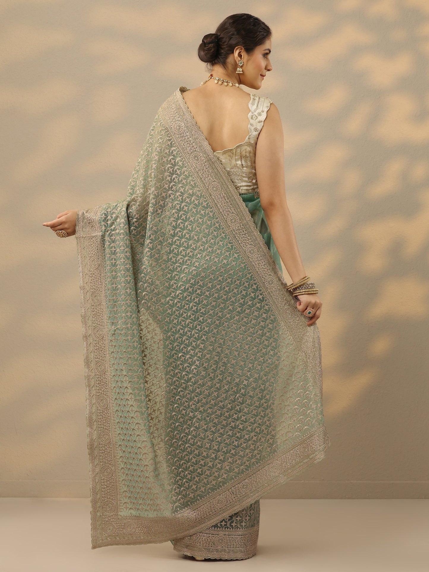 Green Embroidered Nylon Saree With Unstitched Blouse Piece