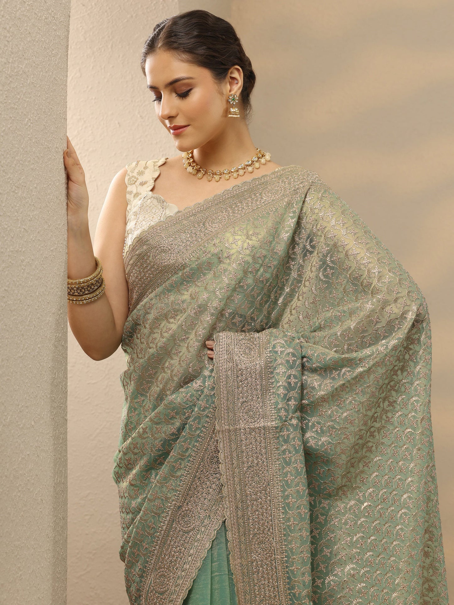 Green Embroidered Nylon Saree With Unstitched Blouse Piece