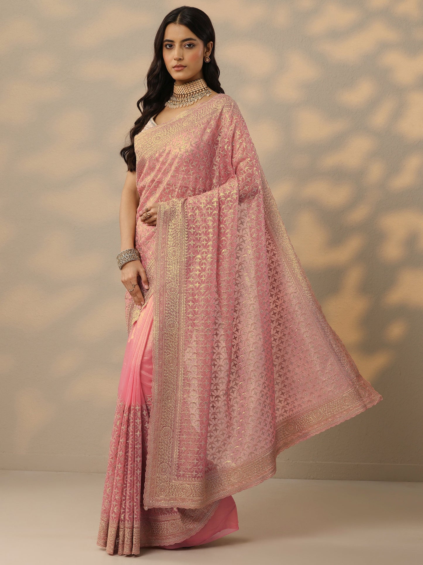 Peach Embroidered Banarasi Nylon Saree With Unstitched Blouse Piece